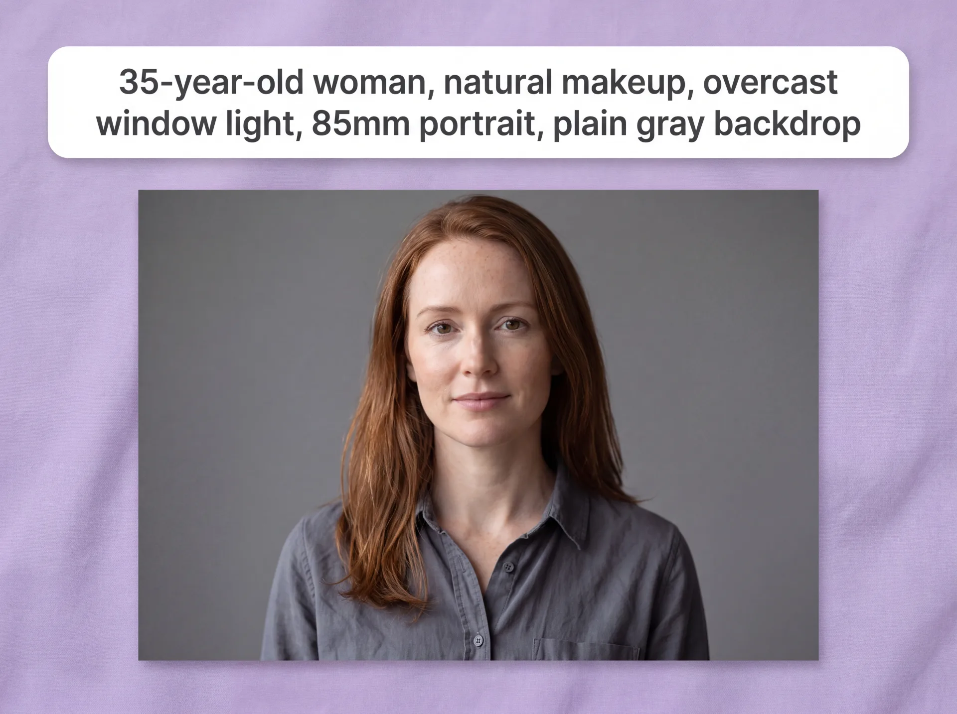 Un prompt escrito sobre el retrato que produjo: una mujer de 35 años con luz de ventana nublada sobre un fondo gris liso