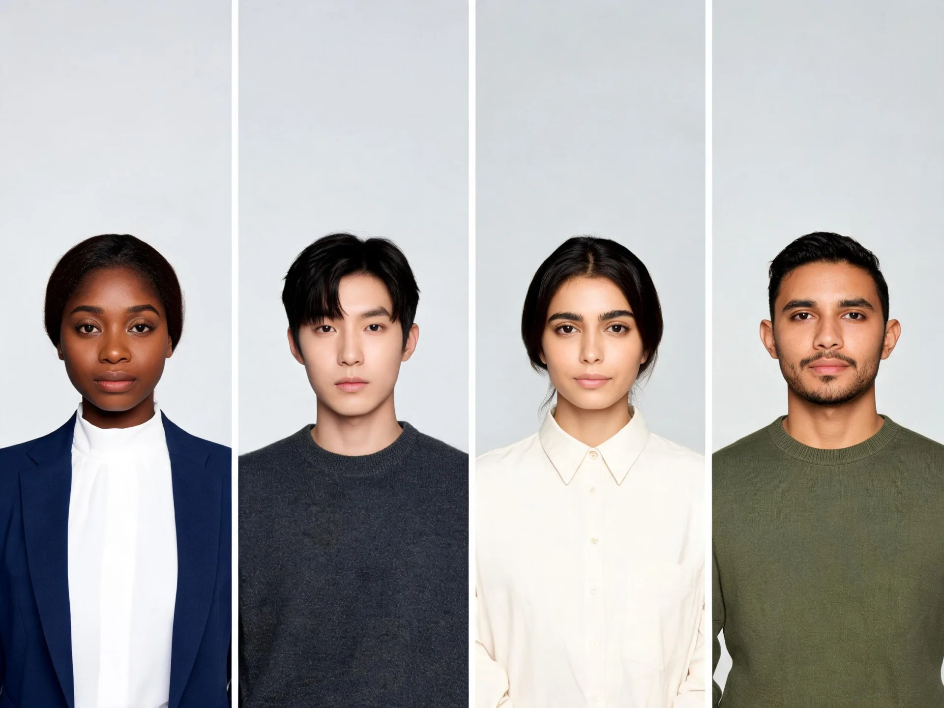 Cuatro personas distintas fotografiadas con un mismo montaje de estudio, tal como las presentaría una página de equipo