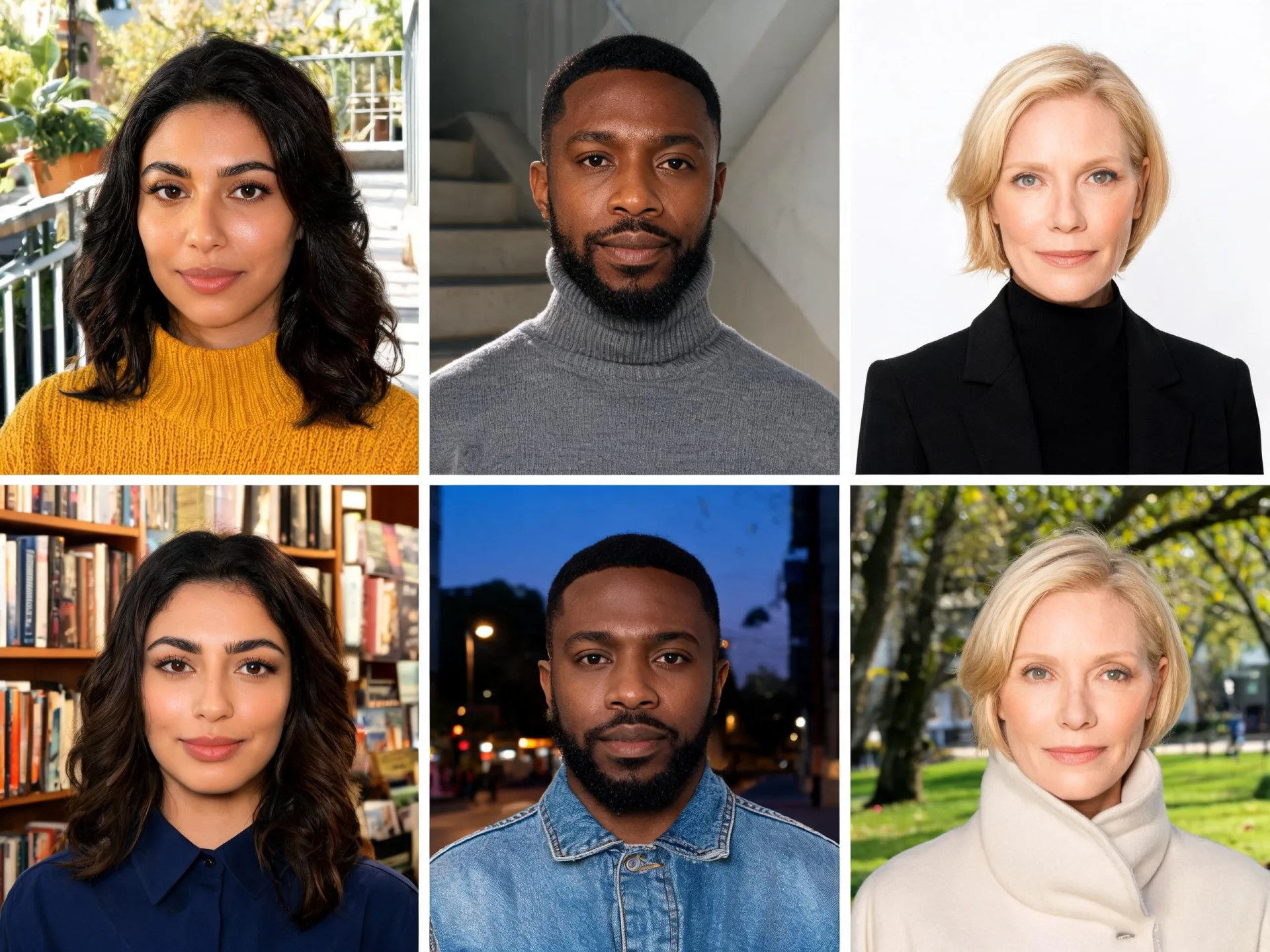 Tres personajes inventados, cada uno mostrado dos veces en una escena distinta, con la cara reconociblemente igual en ambas