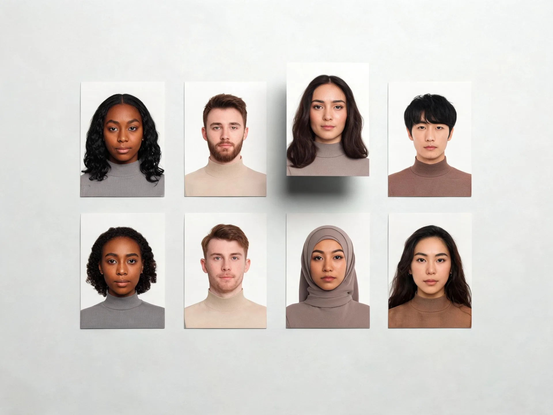 Ocho tarjetas impresas con retratos de personas generadas distintas dispuestas en dos filas, con una separada como opción elegida