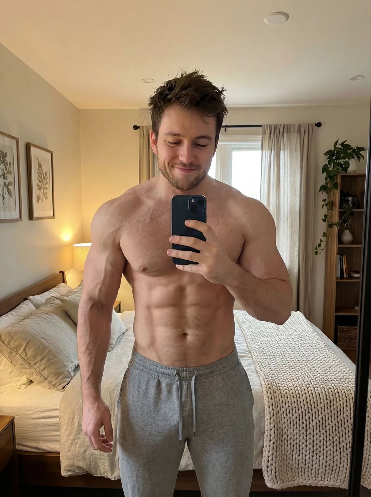AI muscle builder result — chest and arms definition added, skin tone preserved