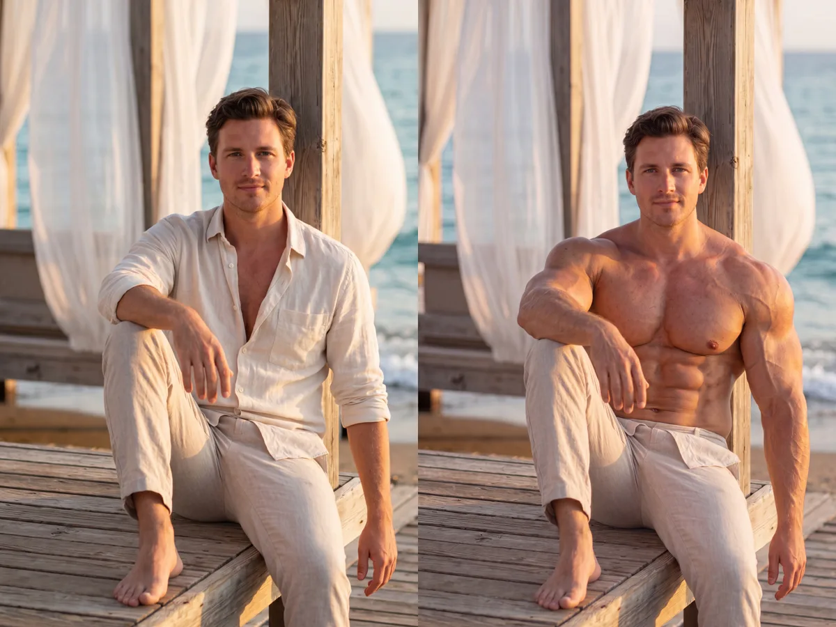 AI muscle builder interface — automatic body detection, no masking required