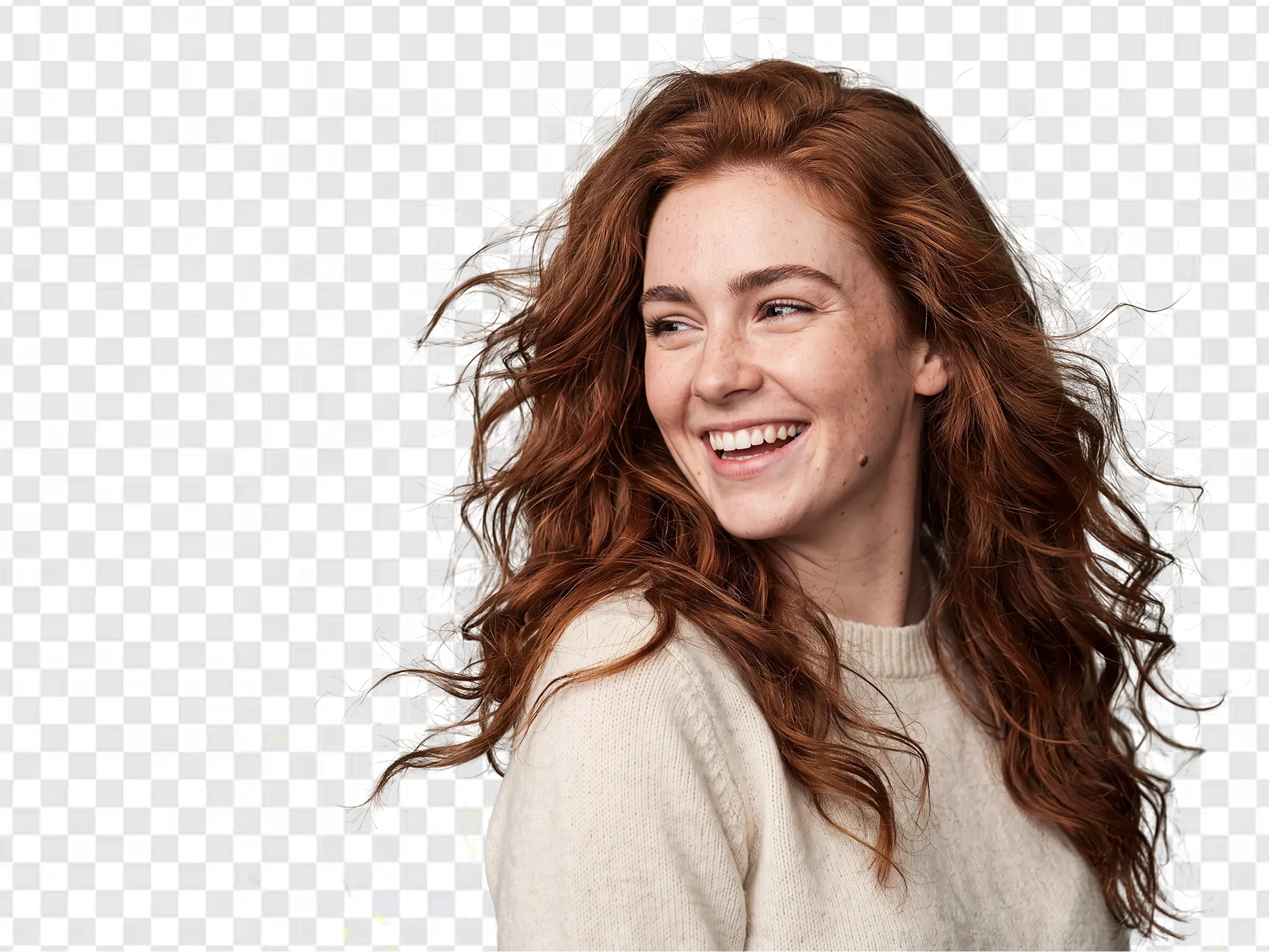 AI background remover result — smiling red-haired woman cut out on a transparent checkerboard background, individual flyaway hair strands preserved, no manual masking