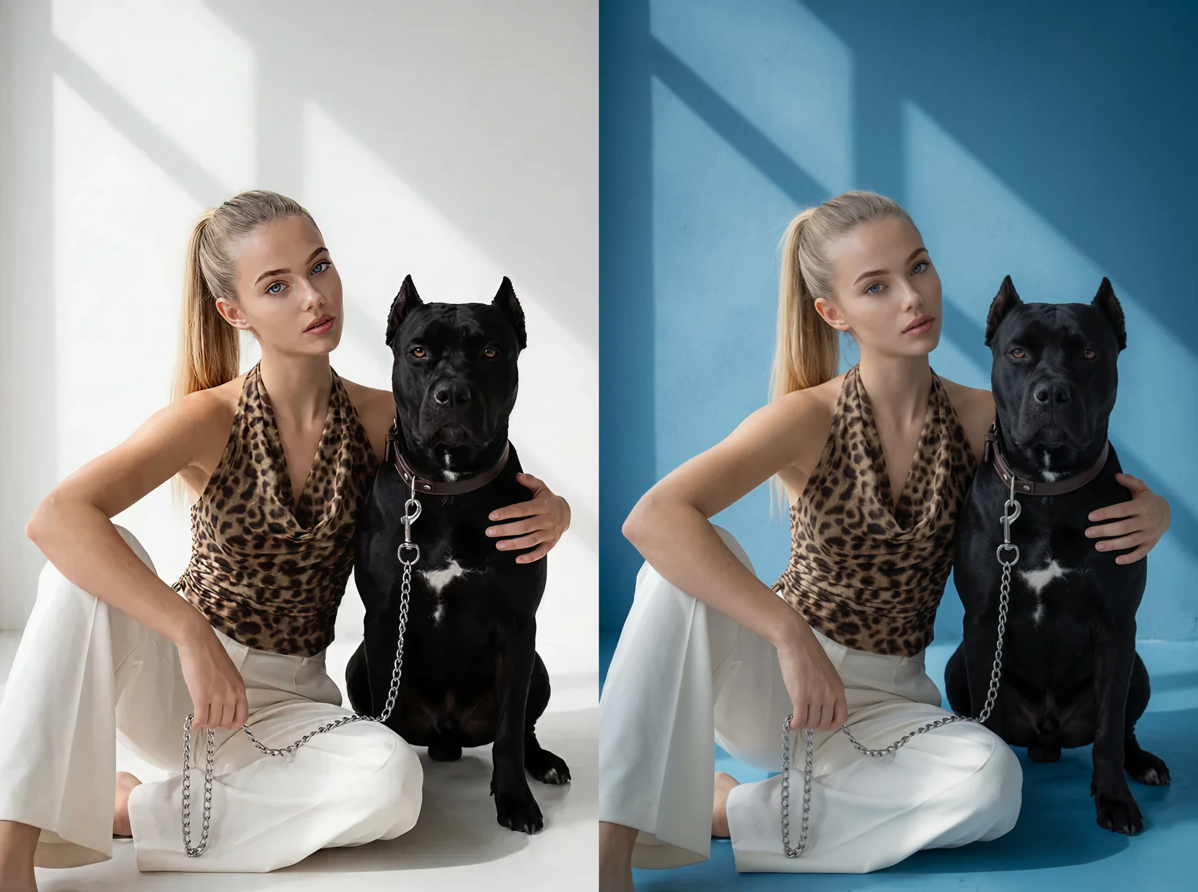 AI background remover and replacer — woman with a black dog kept in place while the studio background is swapped from white to blue, subject lighting preserved