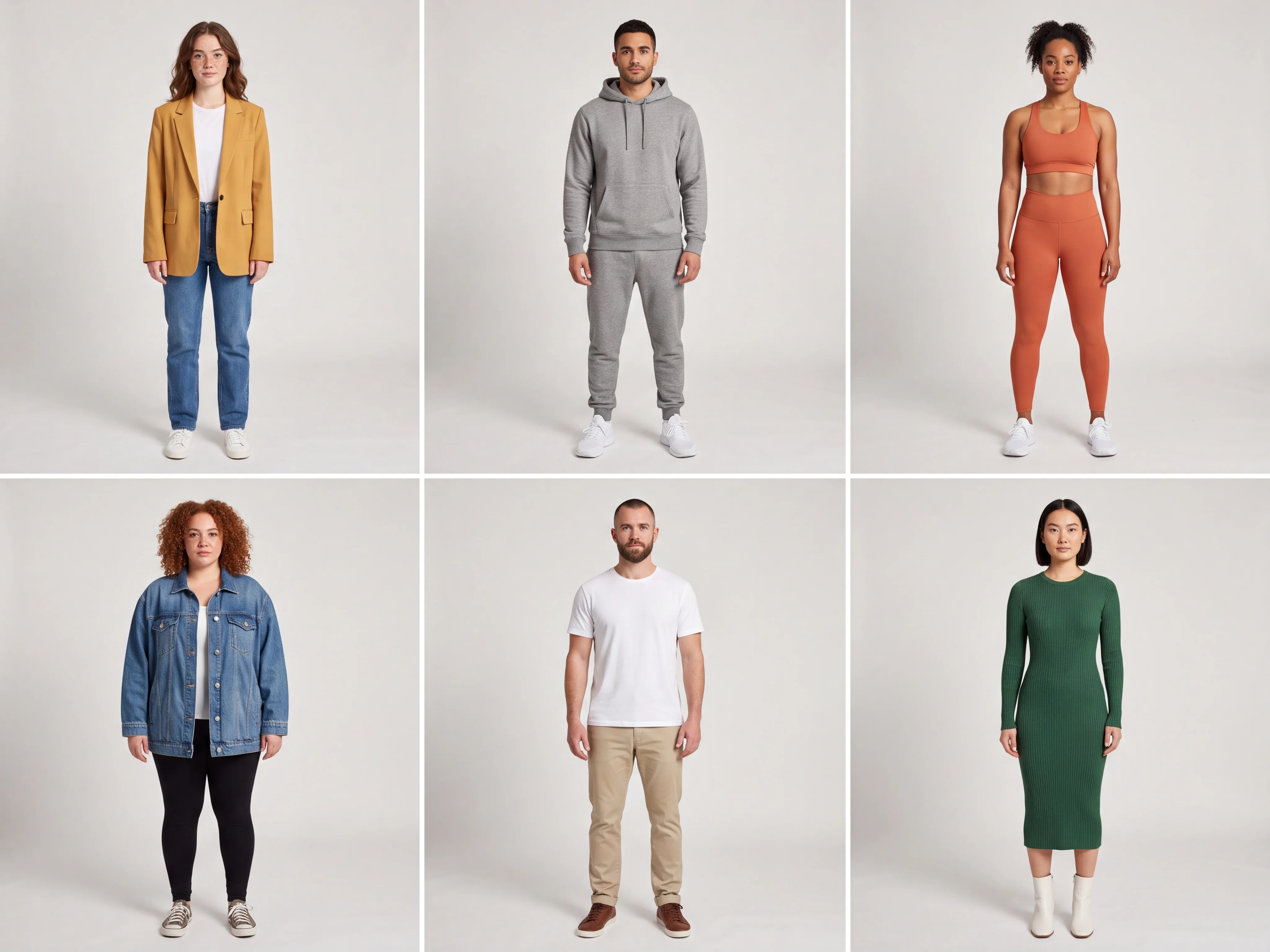 AI background remover batch output — grid of six full-body model shots each cleanly isolated on a neutral studio background, full resolution, no watermark