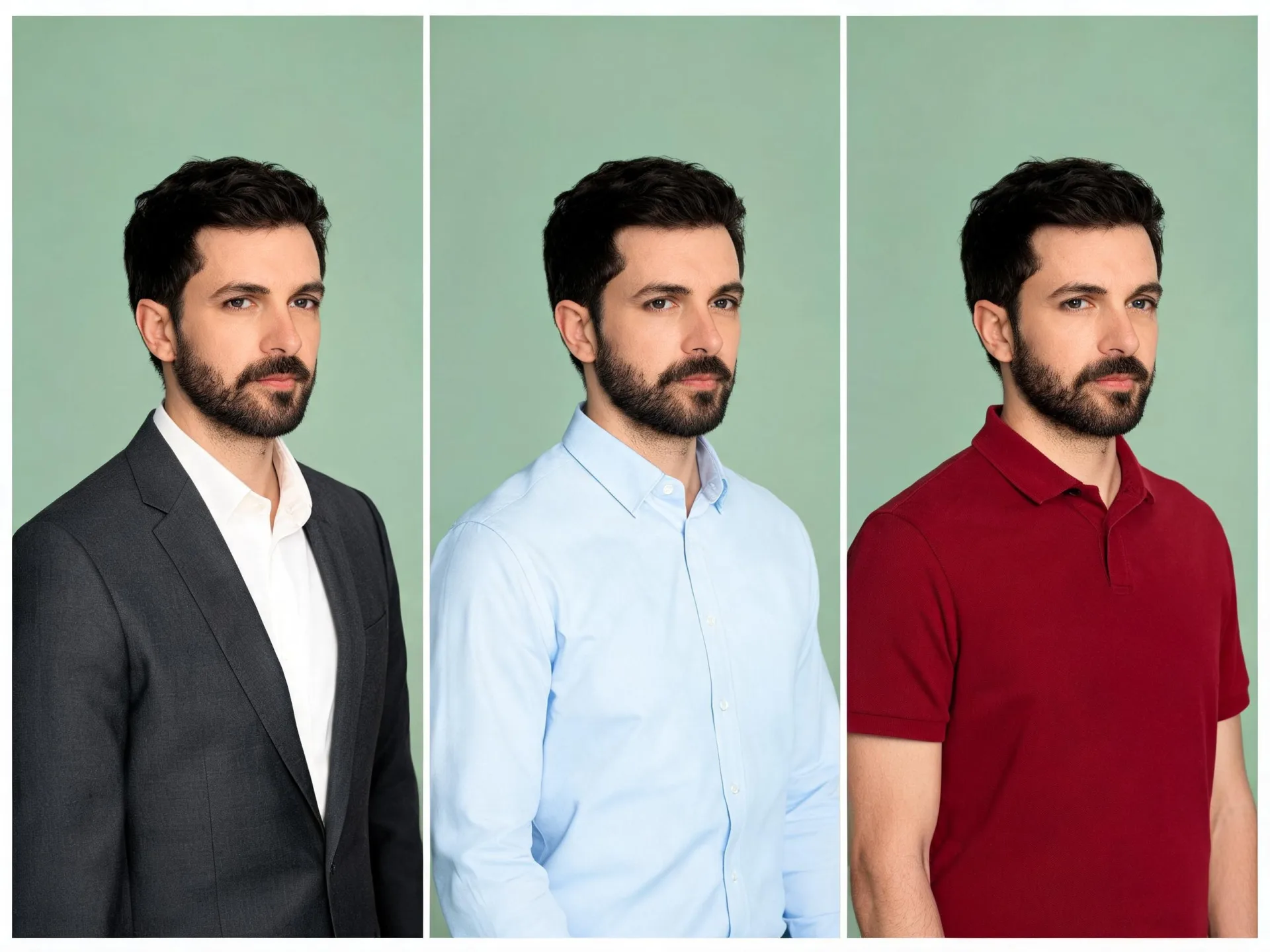 La misma persona en la misma pose y el mismo fondo con tres conjuntos distintos: una americana, una camisa abotonada y un polo de empresa