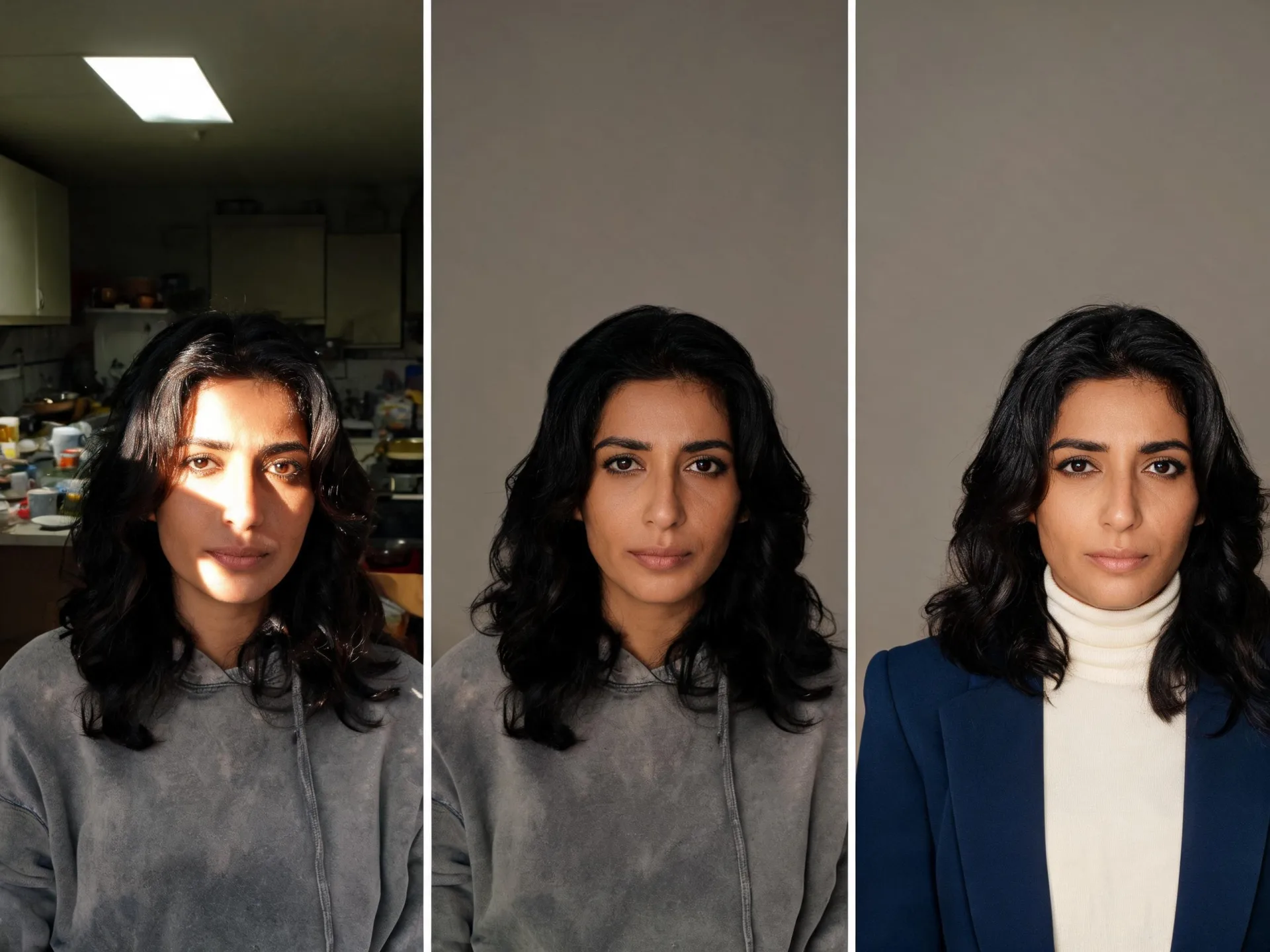 La misma foto informal mejorada elemento a elemento: primero el fondo desordenado y la sombra dura, después la sudadera sustituida por una americana bajo luz suave y uniforme