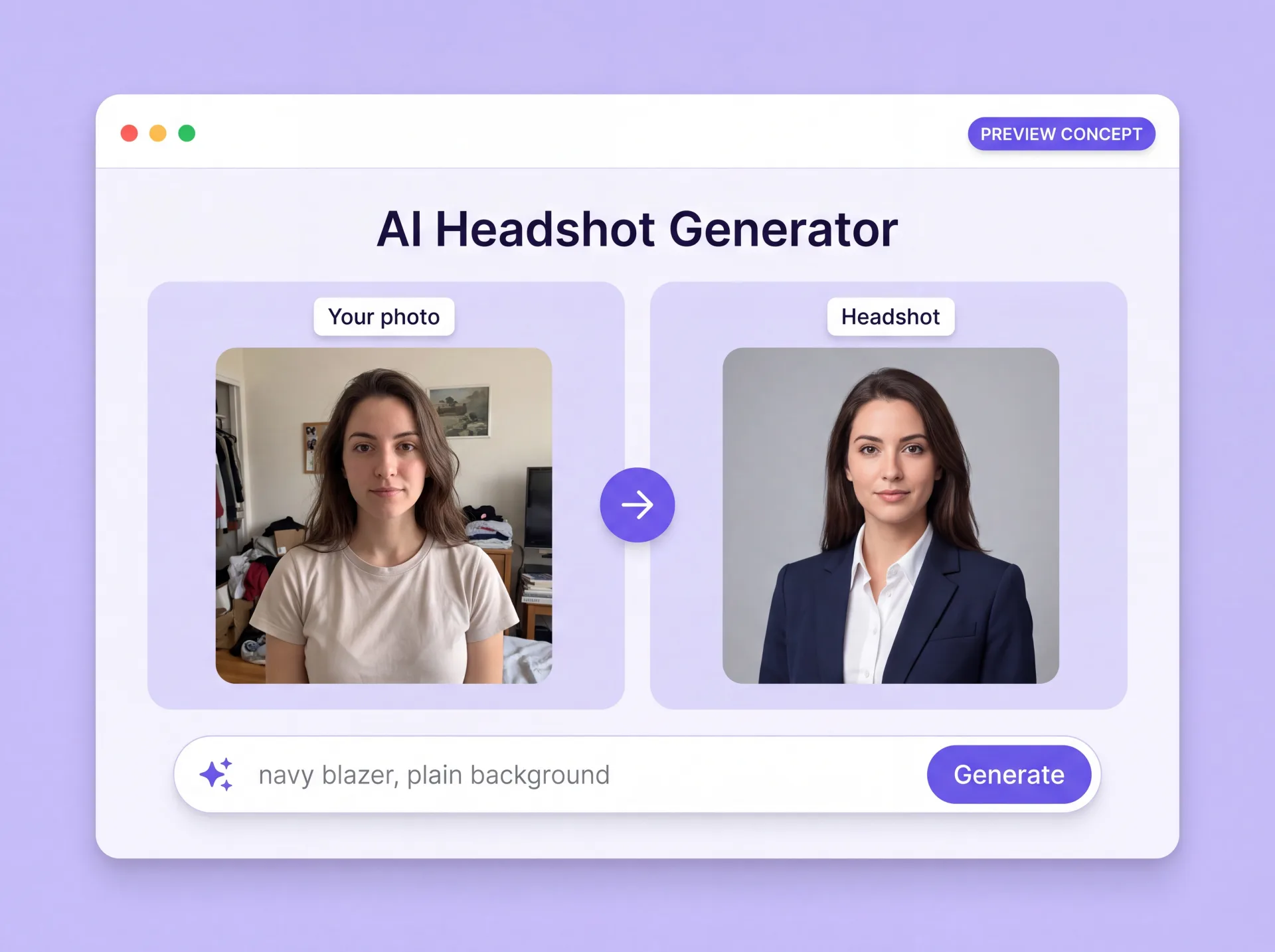 Concepto del generador de fotos de perfil de ZenCreator: a la izquierda una foto corriente y a la derecha la foto de perfil generada