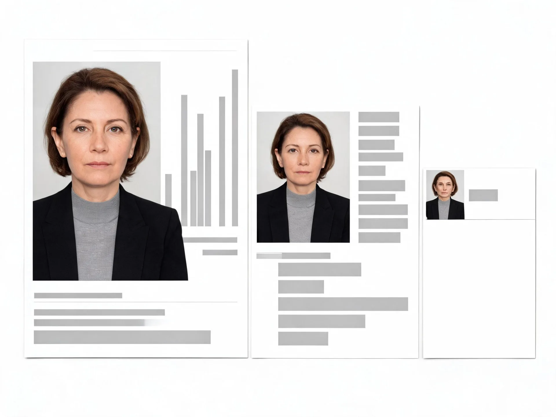 La misma foto de perfil colocada en una diapositiva, en una página impresa de biografía y en una tarjeta de visita, con tres tamaños distintos