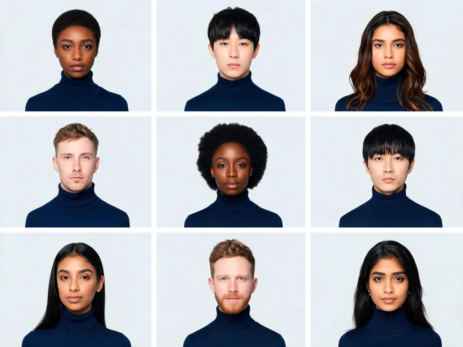 Nueve retratos de equipo con un estilo consistente, cada uno de una persona distinta