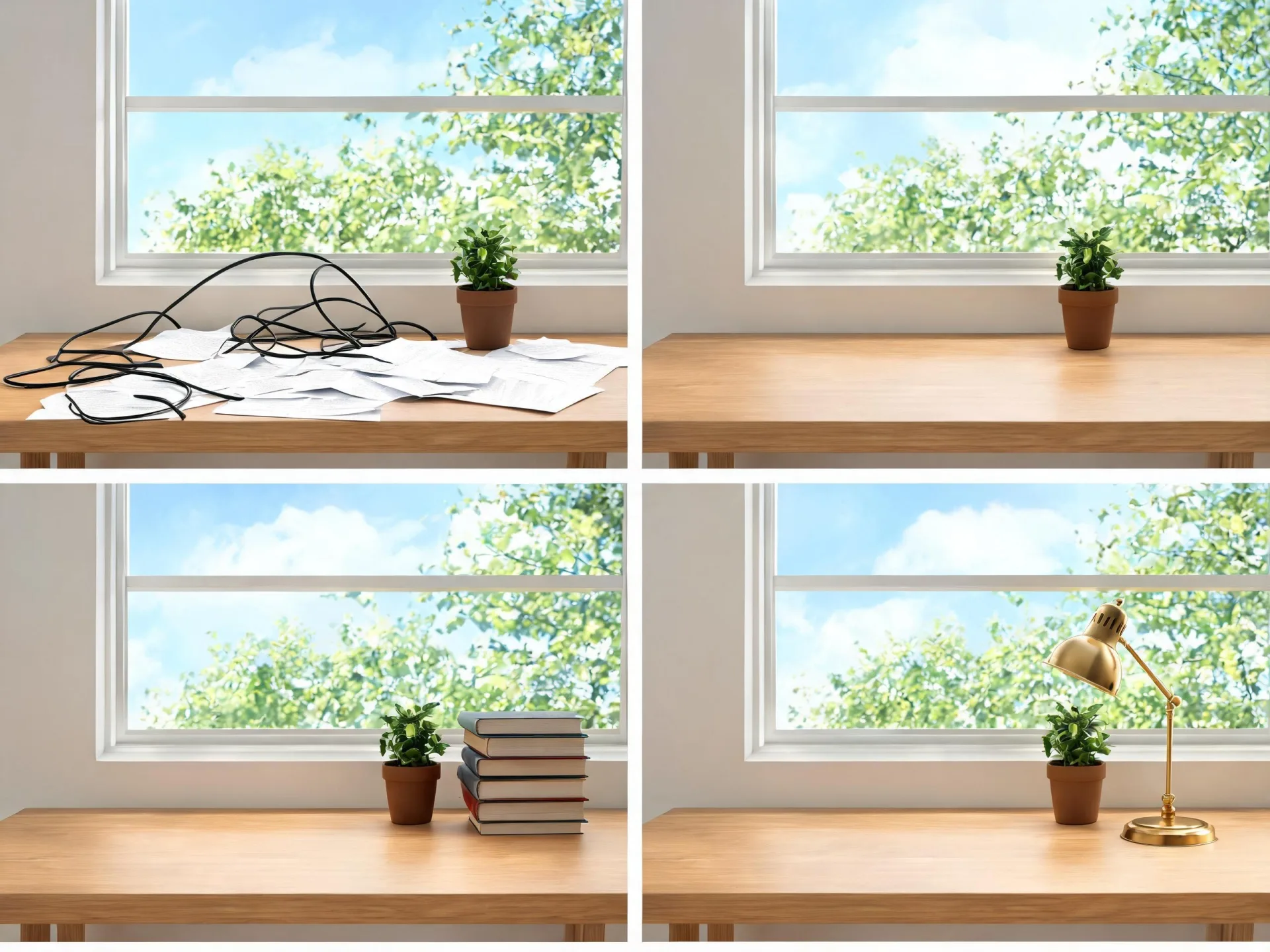El mismo escritorio junto a una ventana cuatro veces: desordenado, luego despejado, luego con libros añadidos, y luego con los libros sustituidos por una lámpara