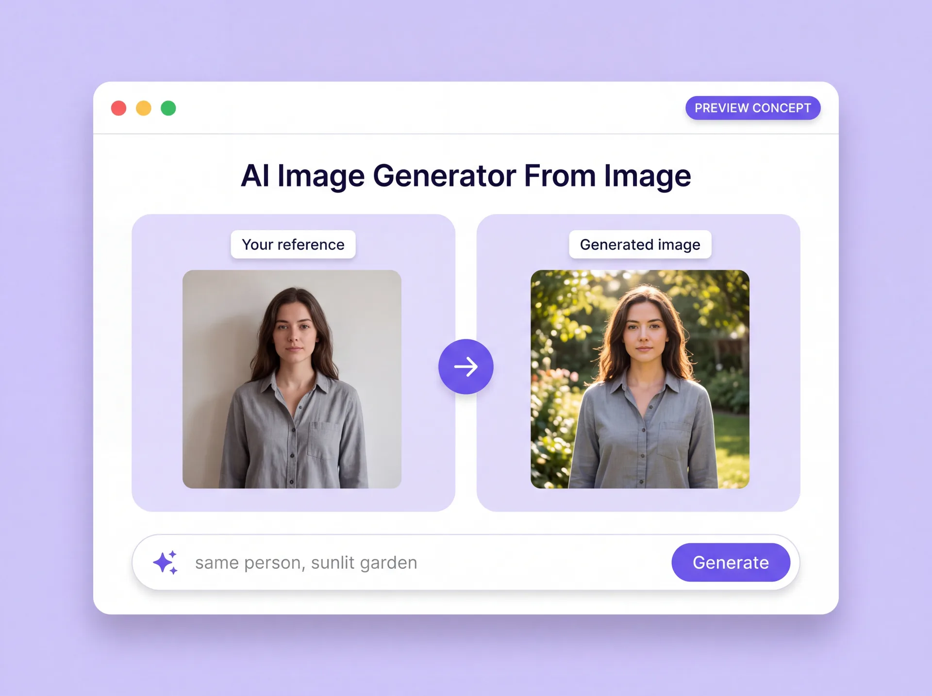 Concepto de imagen a imagen en ZenCreator: tu referencia a la izquierda y la imagen generada a la derecha