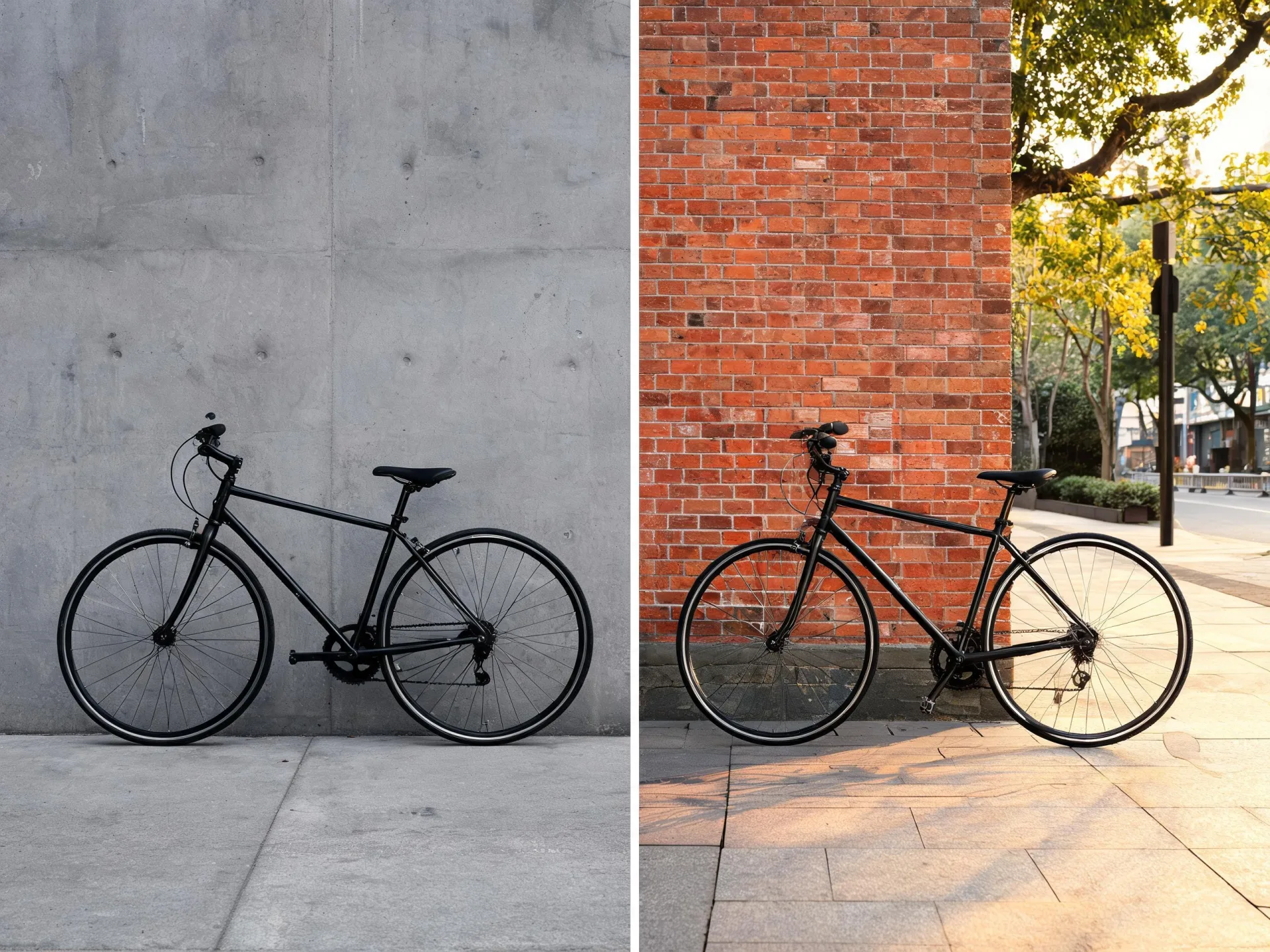 Imagen con IA desde foto: a la izquierda una foto de producto lisa de una bicicleta y a la derecha la misma bicicleta en una calle adoquinada y soleada. La salida varía según el modelo
