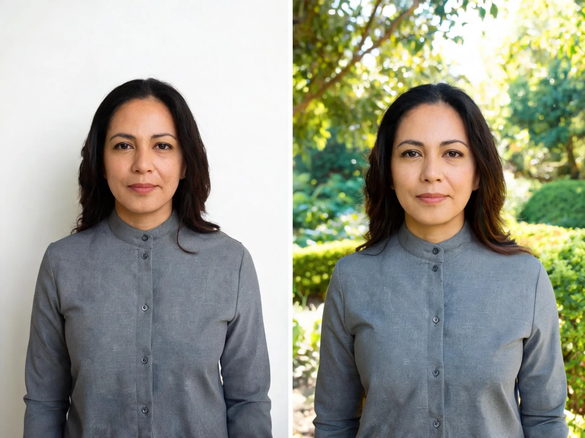 Imagen a imagen en ZenCreator: a la izquierda un retrato sencillo subido y a la derecha la misma persona generada de nuevo en un jardín soleado