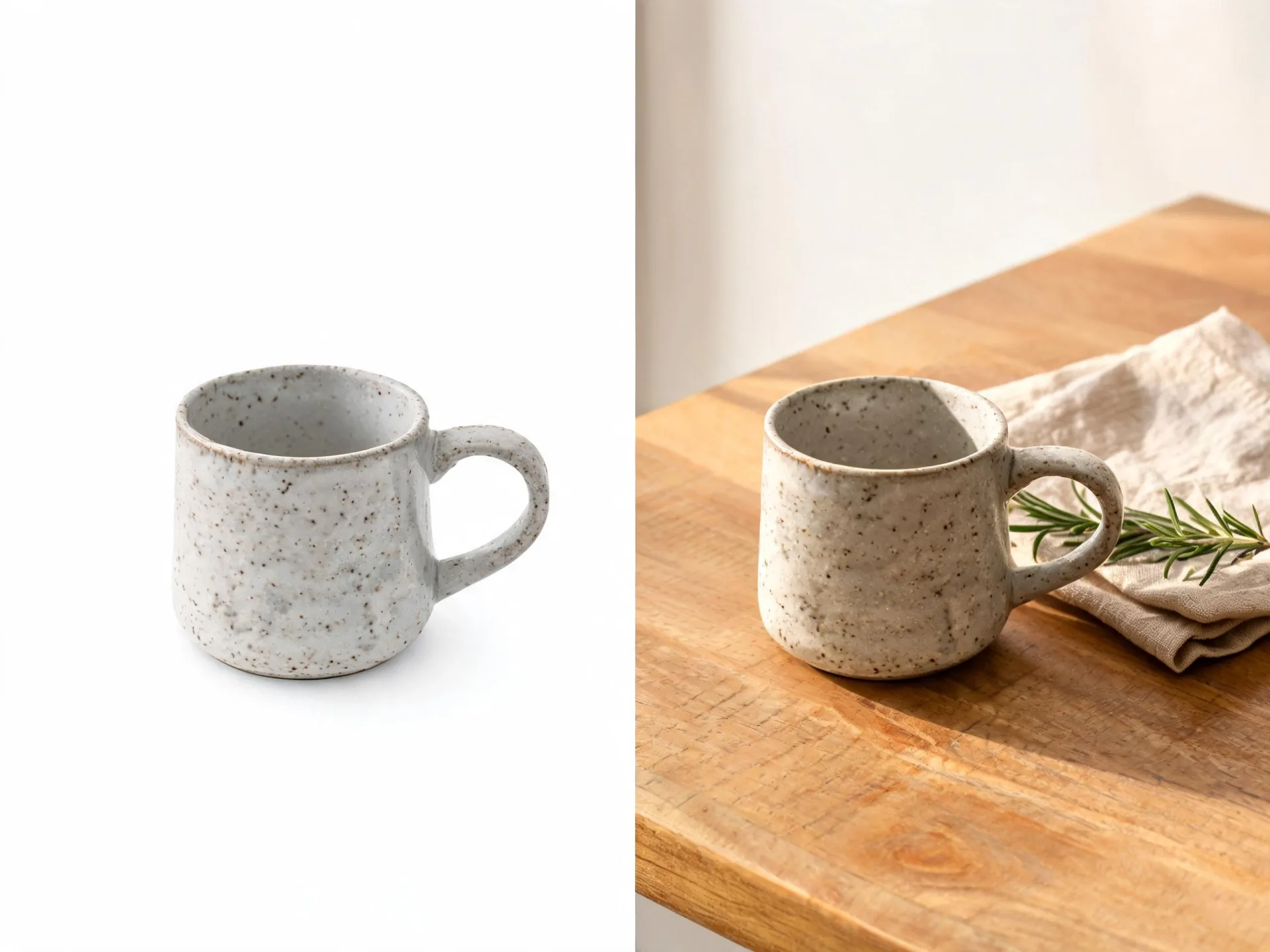 Una foto de producto lisa de una taza de gres sobre fondo blanco junto a la misma taza colocada sobre una encimera de madera con luz de mañana