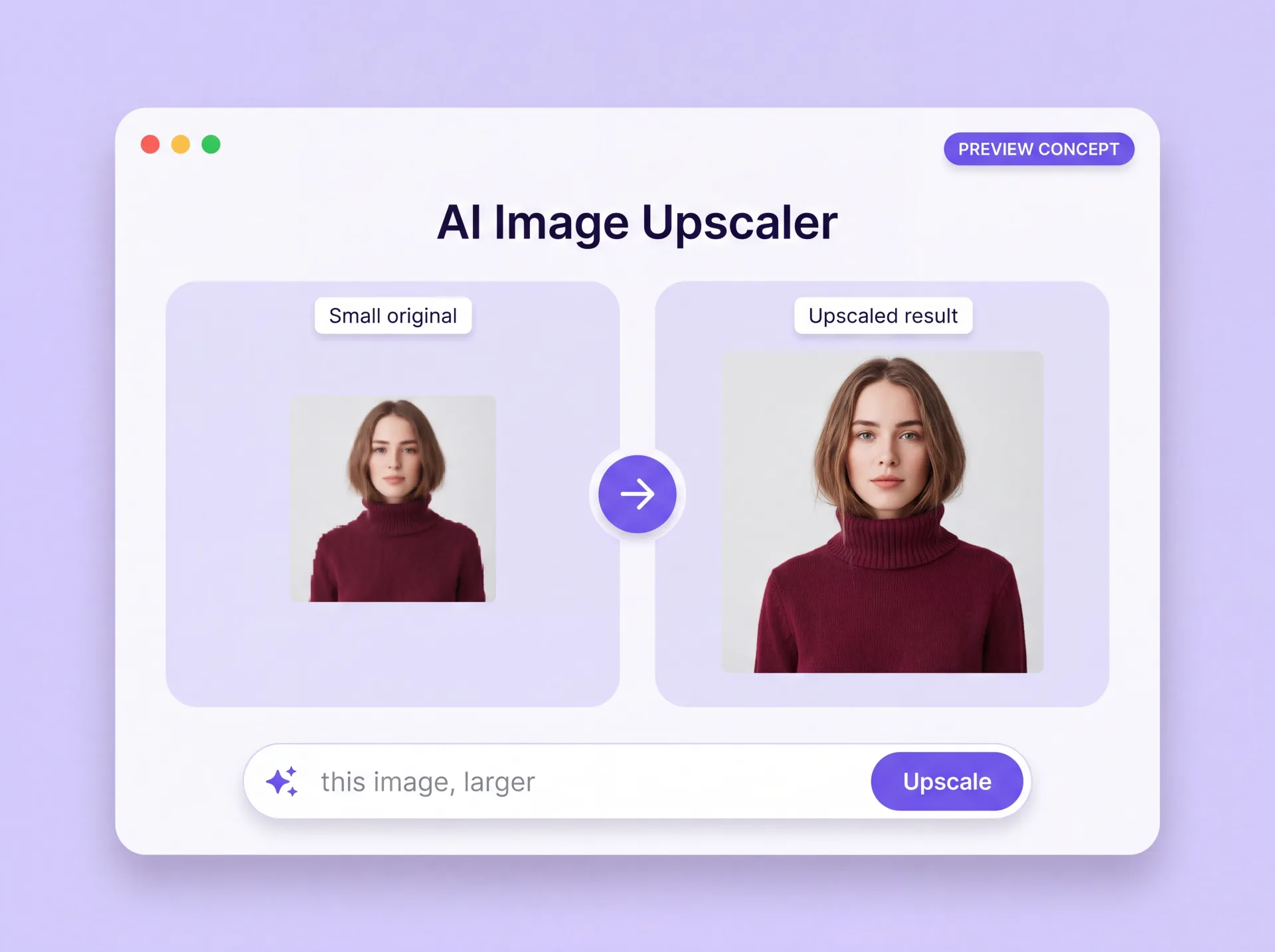 Concepto del escalador de imágenes de ZenCreator: a la izquierda el original pequeño y a la derecha el resultado más grande y detallado
