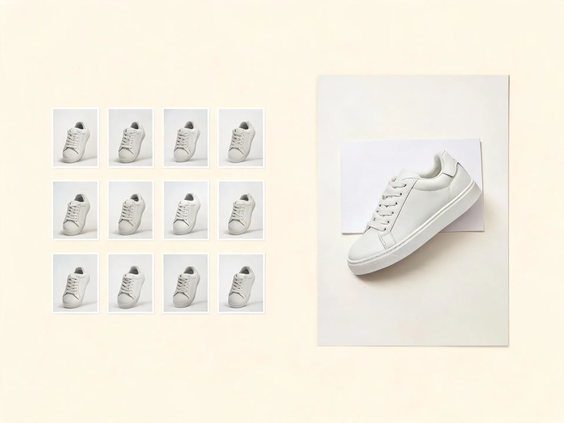 Una hoja de contactos con doce miniatura diminutas de una zapatilla junto a una foto de producto grande y nítida de la misma