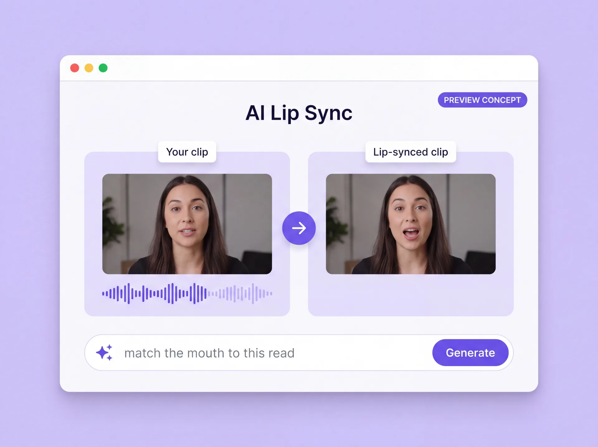 Concepto del lip sync de ZenCreator: a la izquierda tu clip y su pista de voz, a la derecha el clip sincronizado