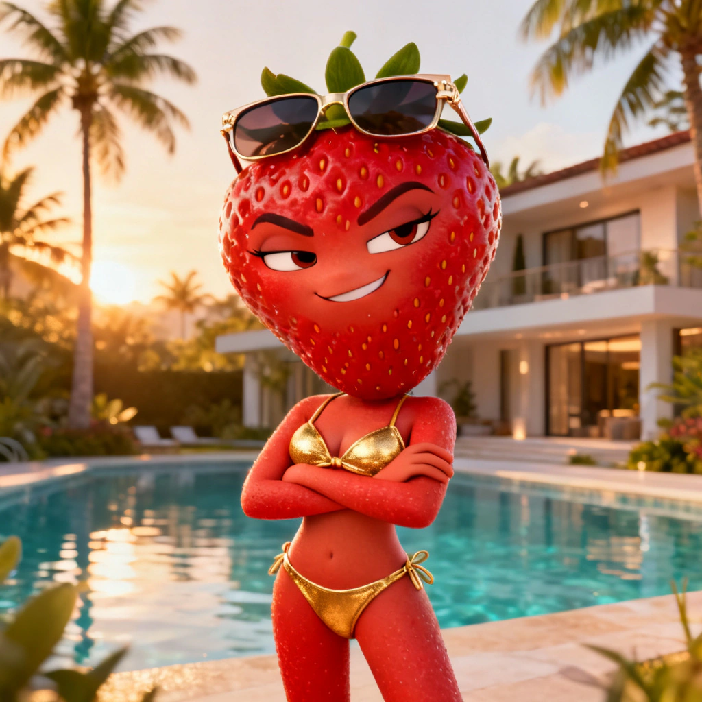 AI Fruit Love Island — Strawberry villain character generated on ZenCreator