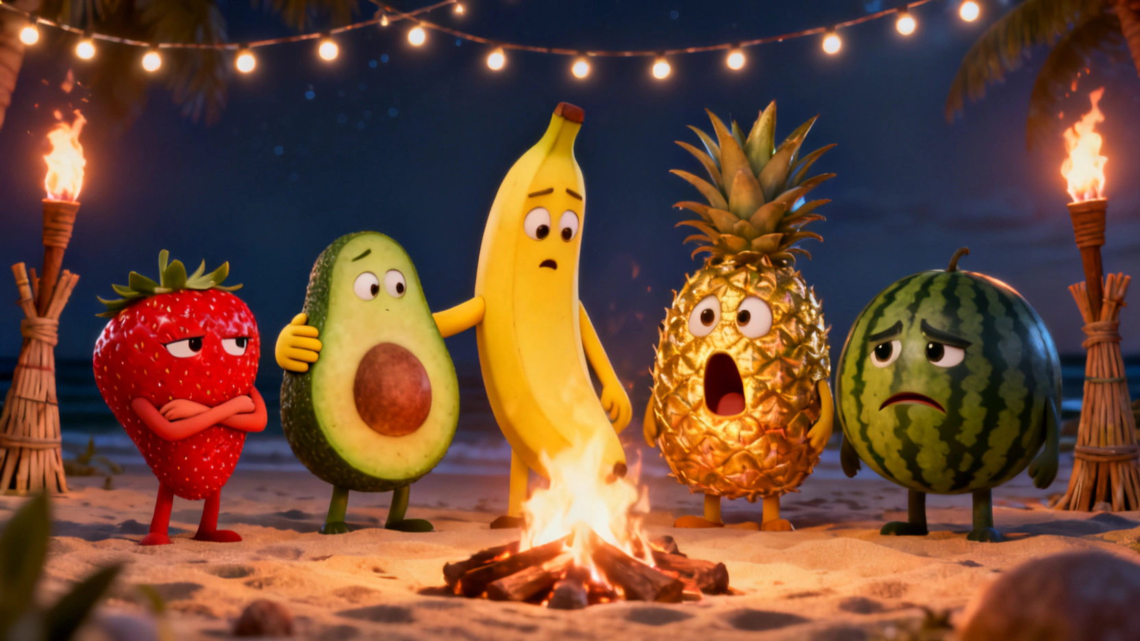 AI Fruit Love Island group scene — bonfire elimination ceremony generated on ZenCreator