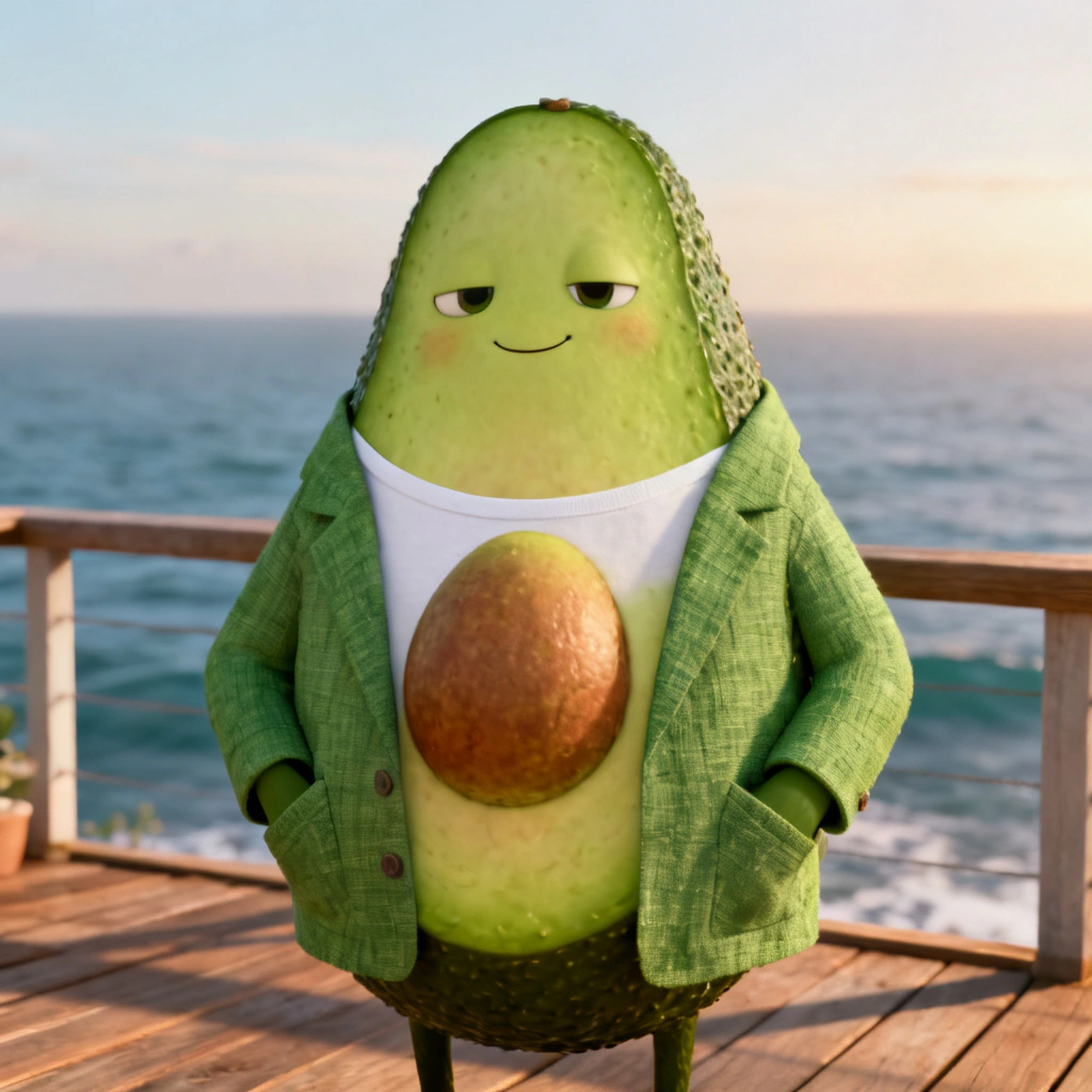 AI Fruit Love Island — Avocado cool character generated on ZenCreator