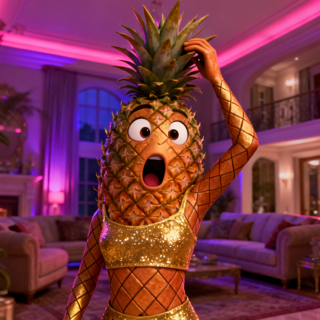 AI Fruit Love Island — Pineapple drama queen character generated on ZenCreator