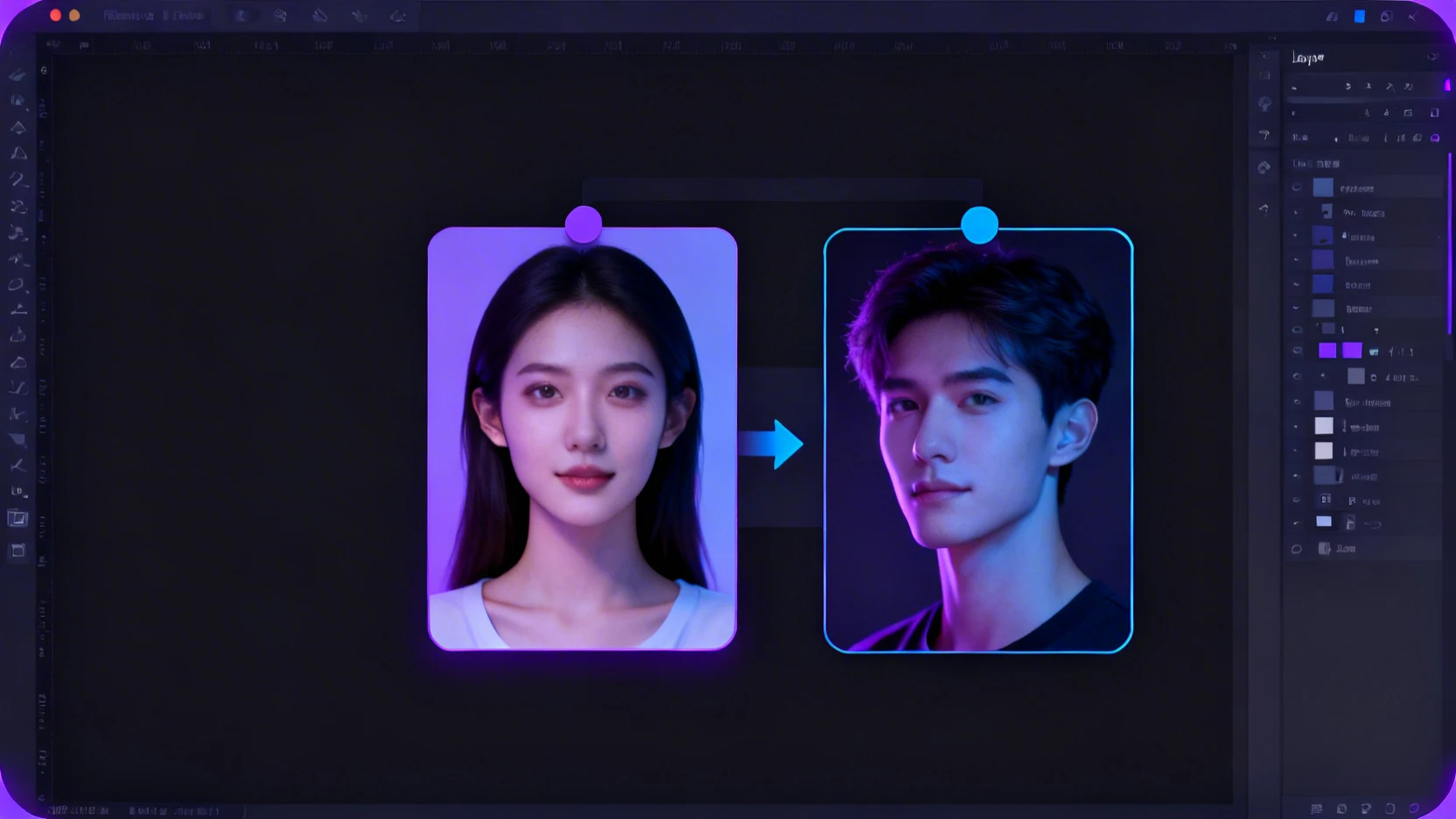 ZenCreator Editor tool interface showing two AI portraits being composited on the editing canvas