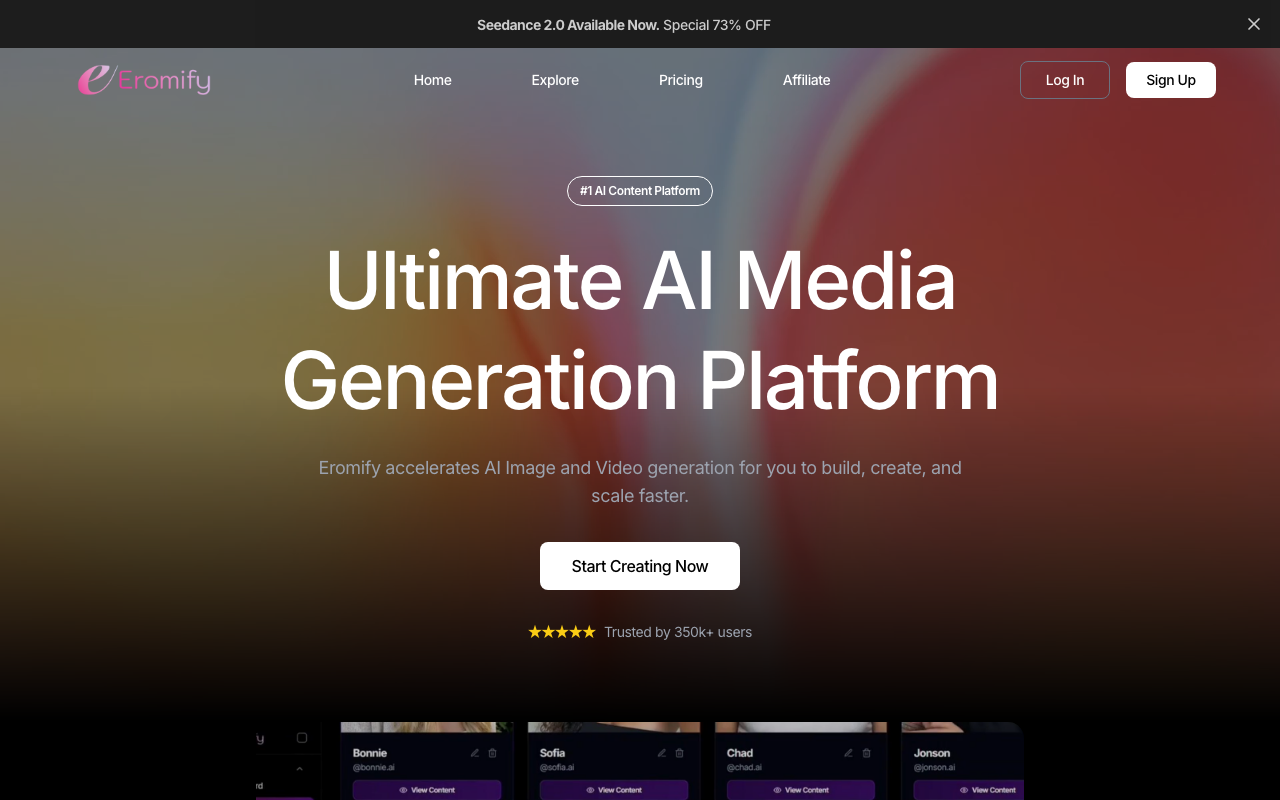 Eromify homepage — AI influencer image generator