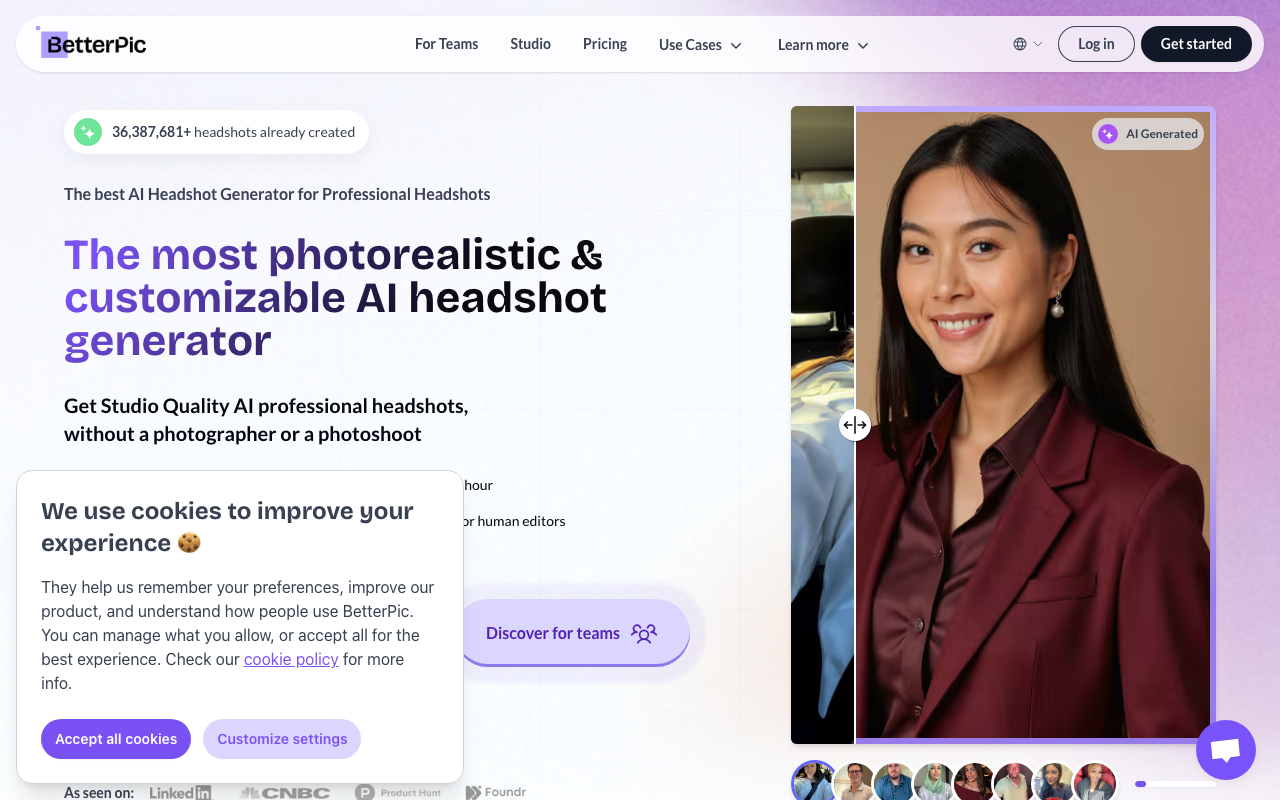 BetterPic homepage — AI professional headshot generator