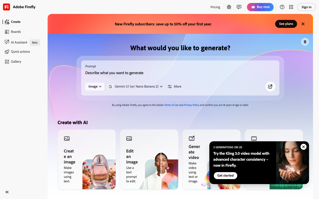 Adobe Firefly interface — AI image generation with commercial-safe licensing