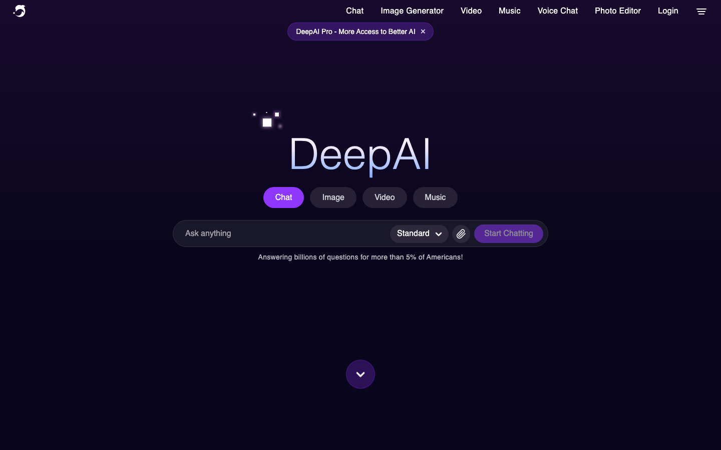 DeepAI homepage — text-to-image generator with no signup required