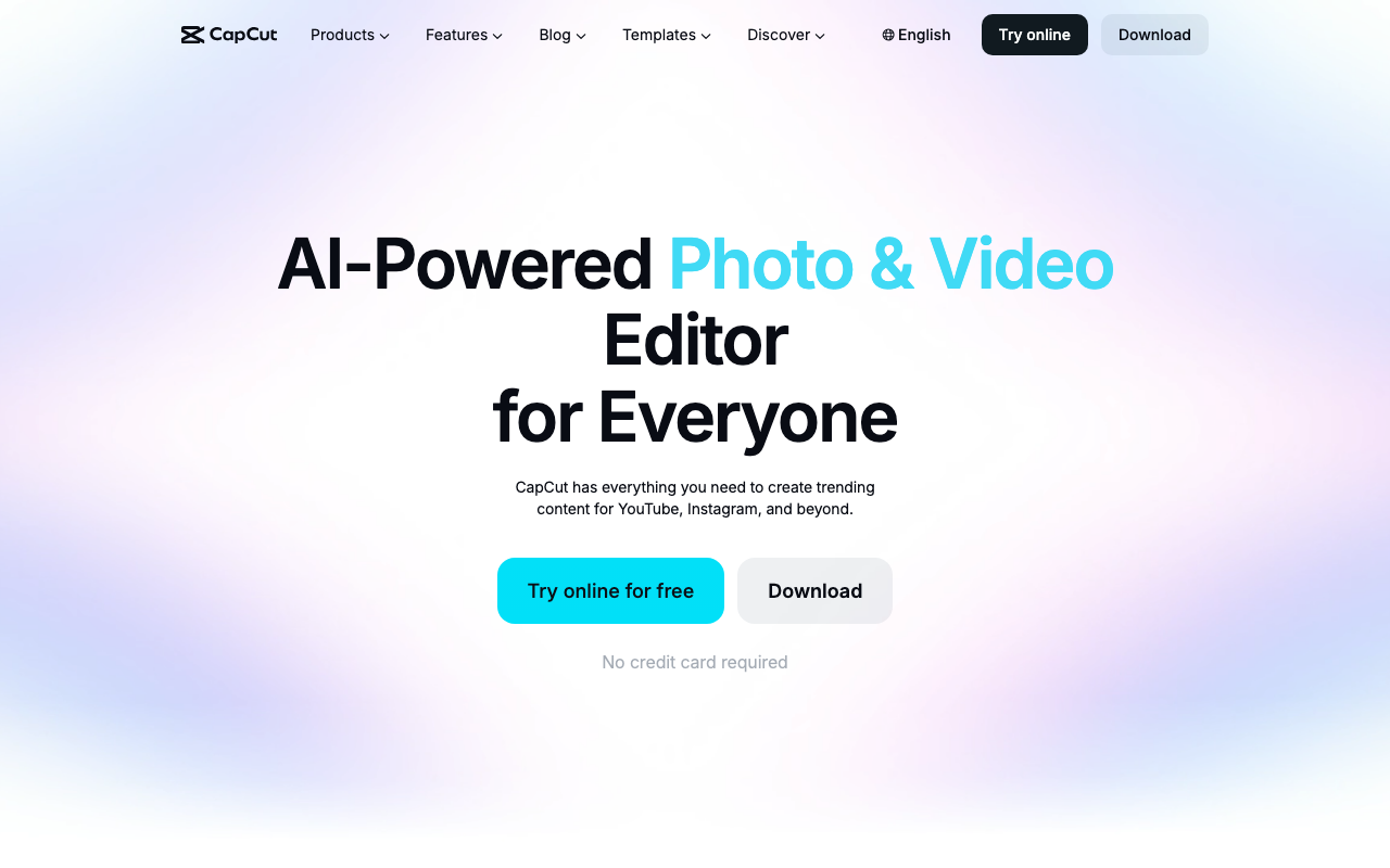 CapCut homepage — AI-powered photo and video editor