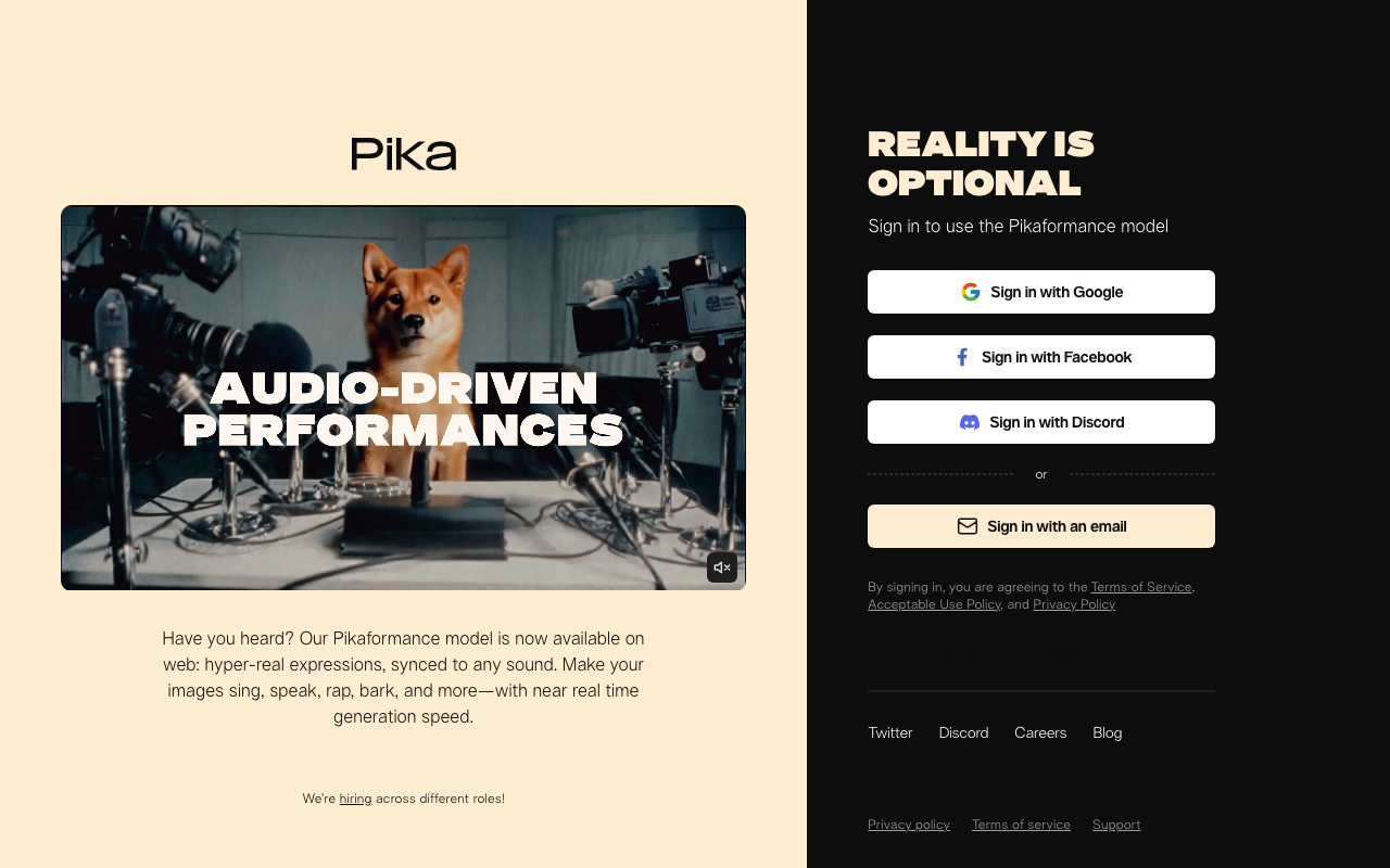 Pika homepage — audio-driven AI video generation