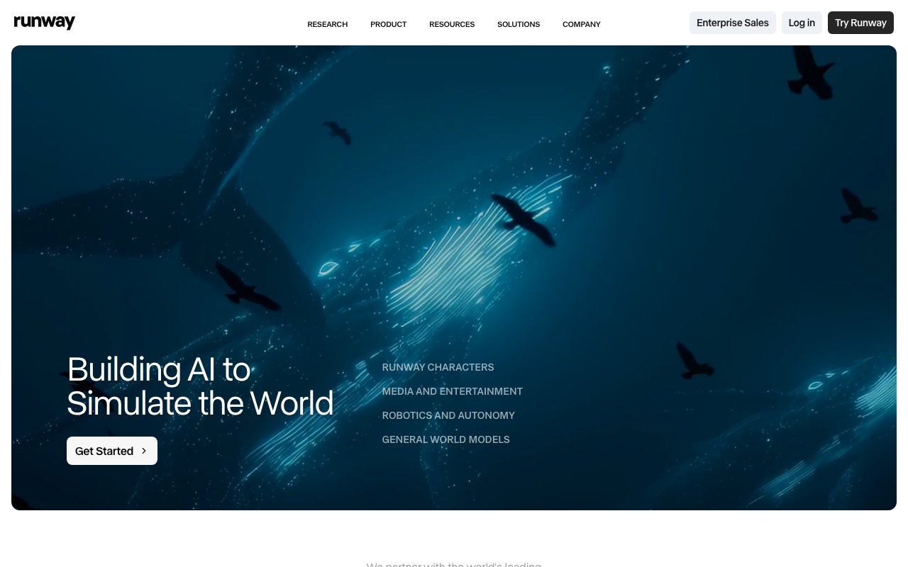 Runway homepage — building AI to simulate the world