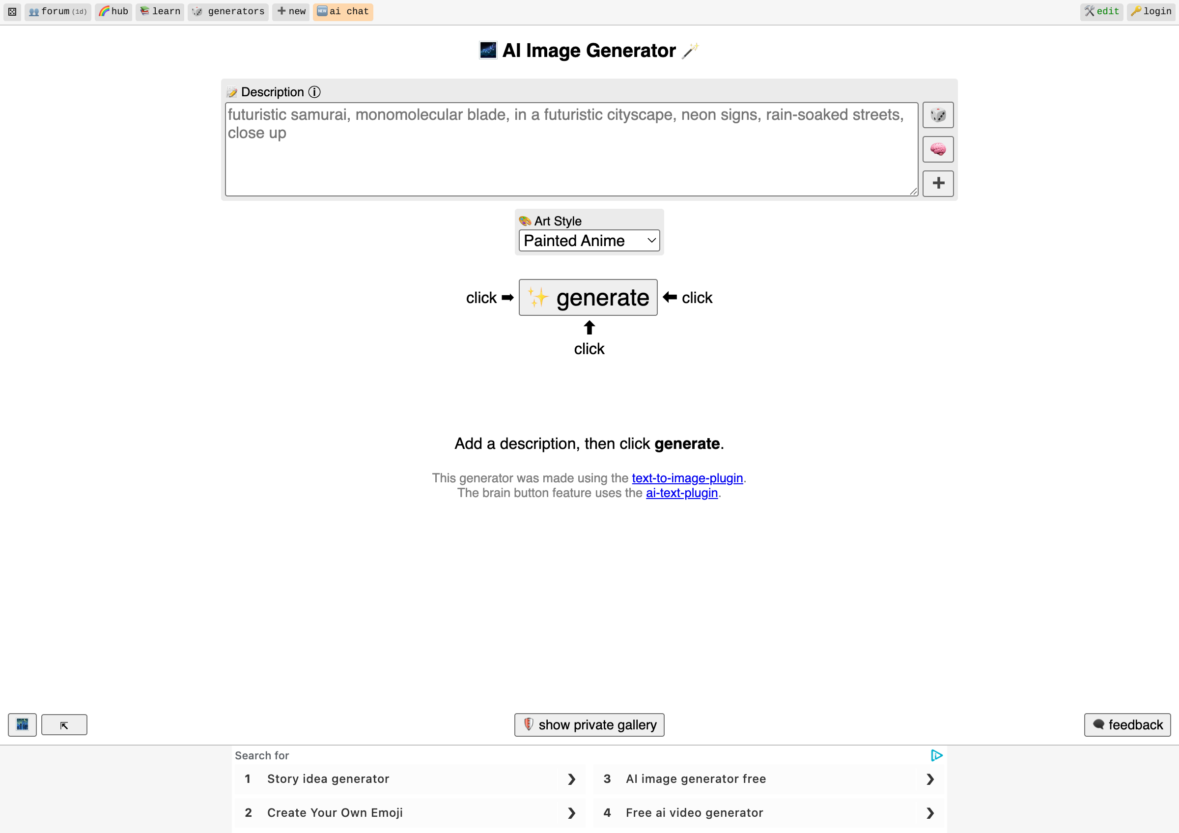 Perchance AI text-to-video generator interface with no sign-up required