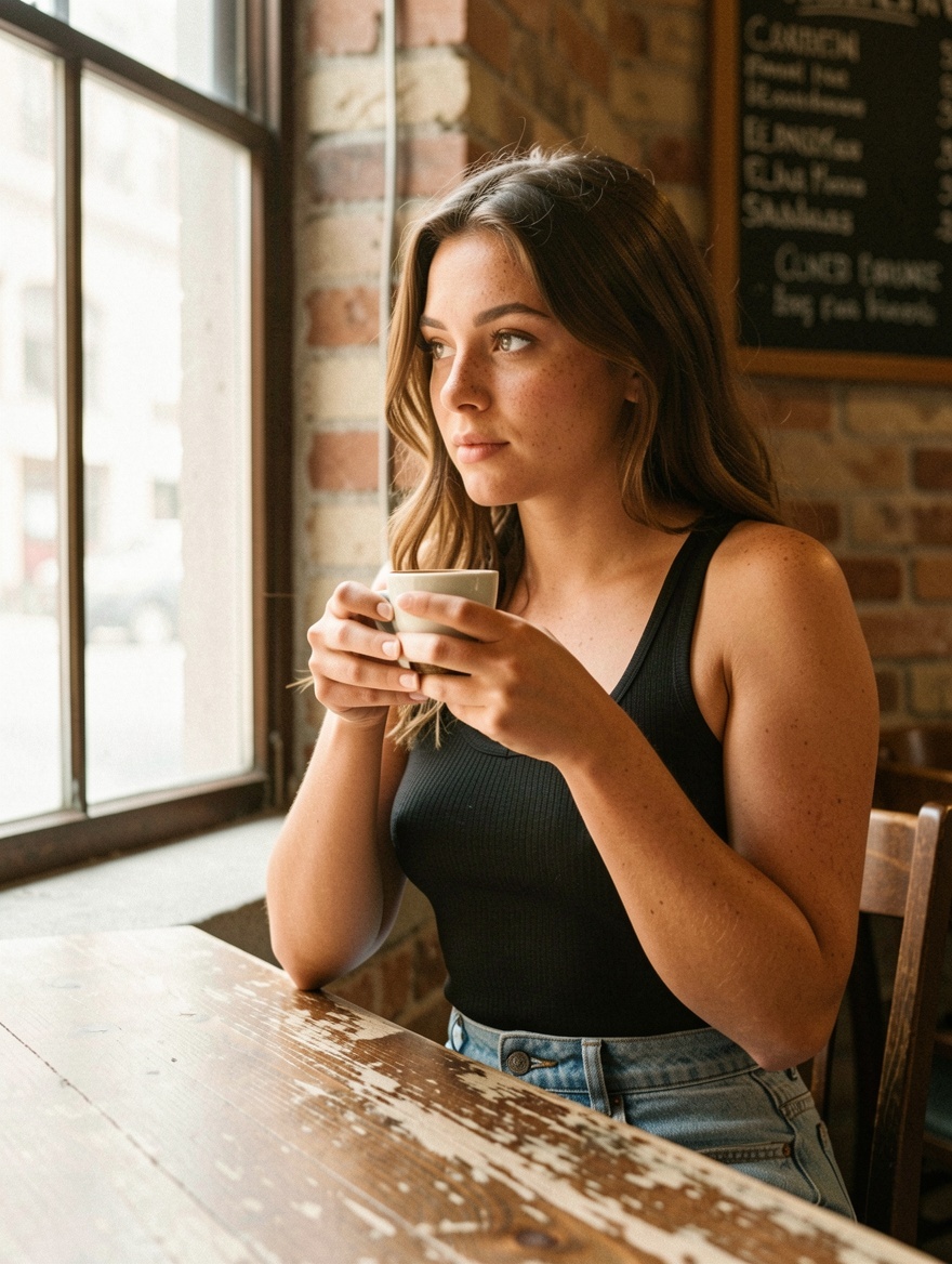 Flux Klein example — intimate coffee shop portrait