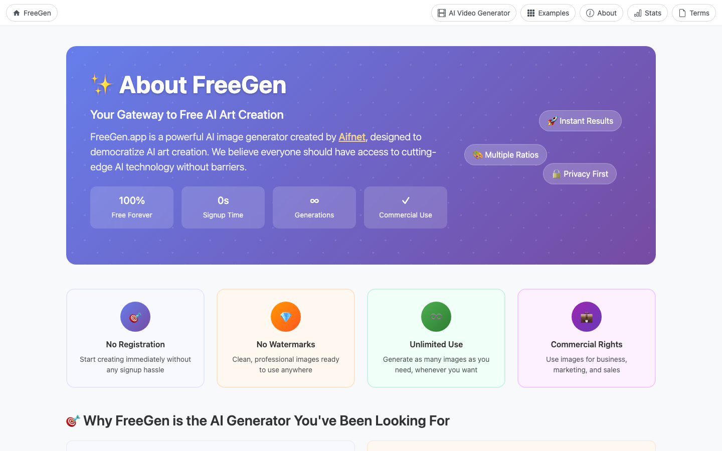 FreeGen.app About page — features and model details