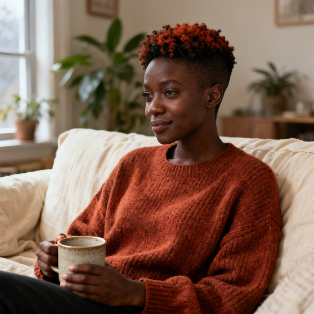 Amara the AI influencer in Cozy Home — same character relaxing with coffee