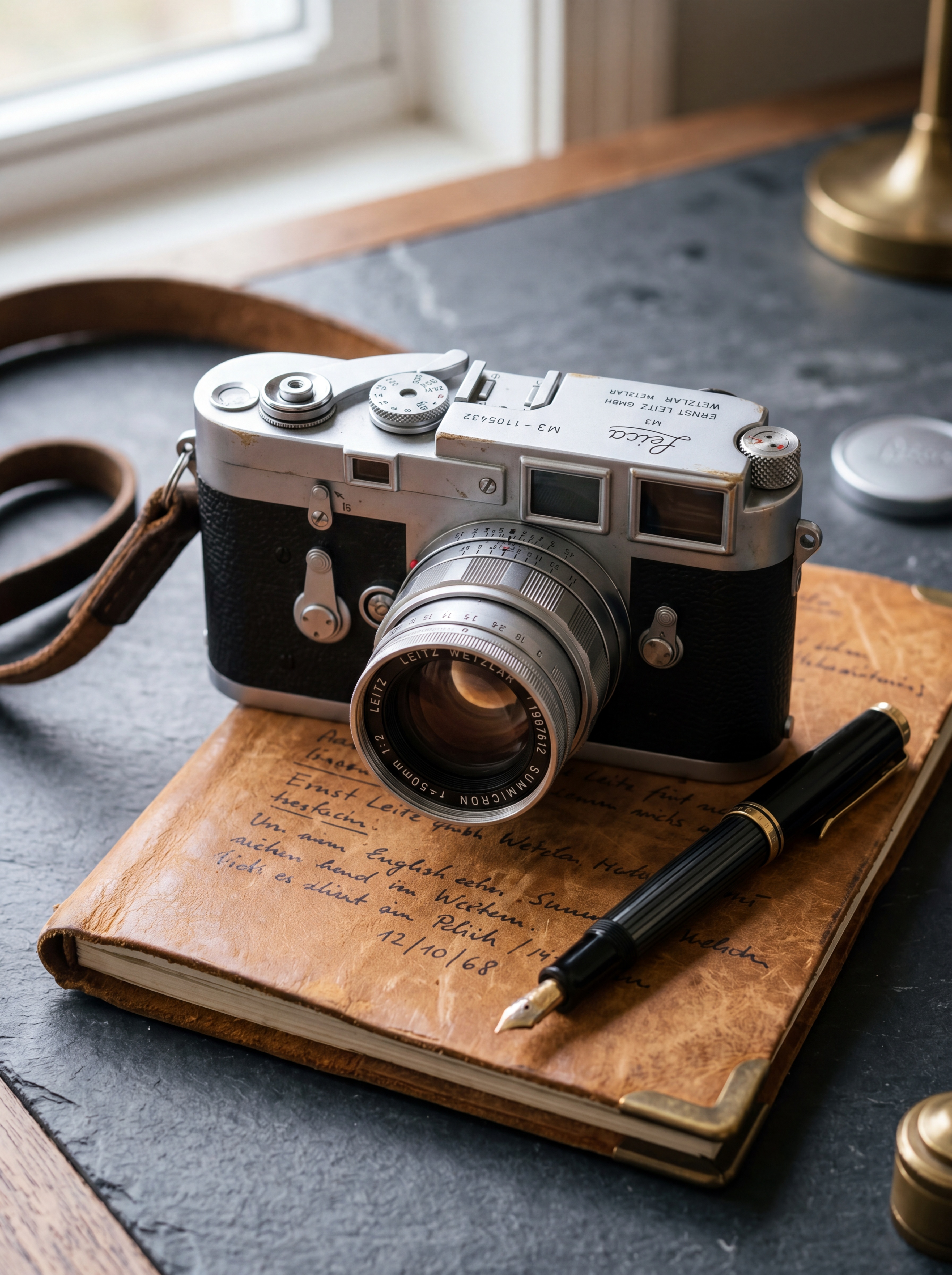 Nano Banana 2 example — vintage Leica camera with web-grounded brand detail