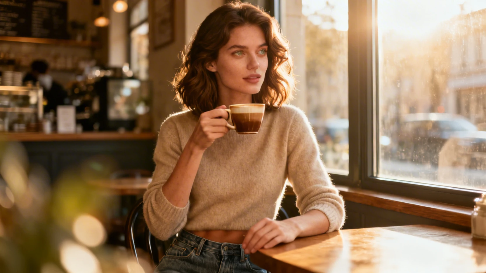 PhotoShoot generation example — café lifestyle category with the reference character in ZenCreator