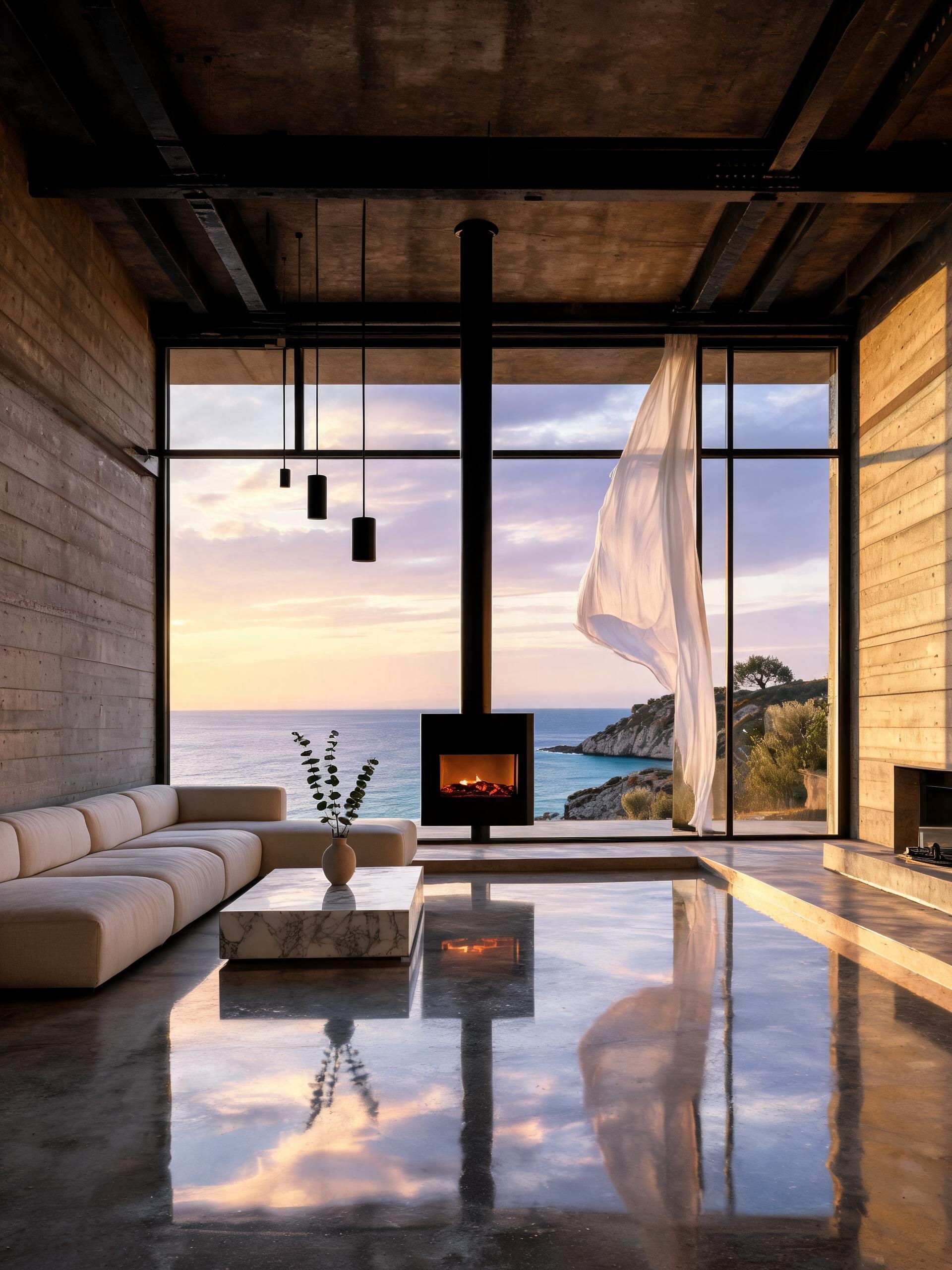 Seedream 5 example — modernist coastal villa interior