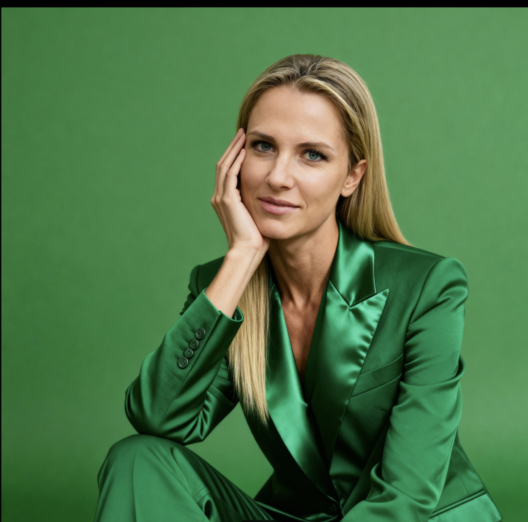 Result — uncensored Image-to-Image face swap via ZenCreator General model (Seedream 4.5): blonde character in the same green-suit composition