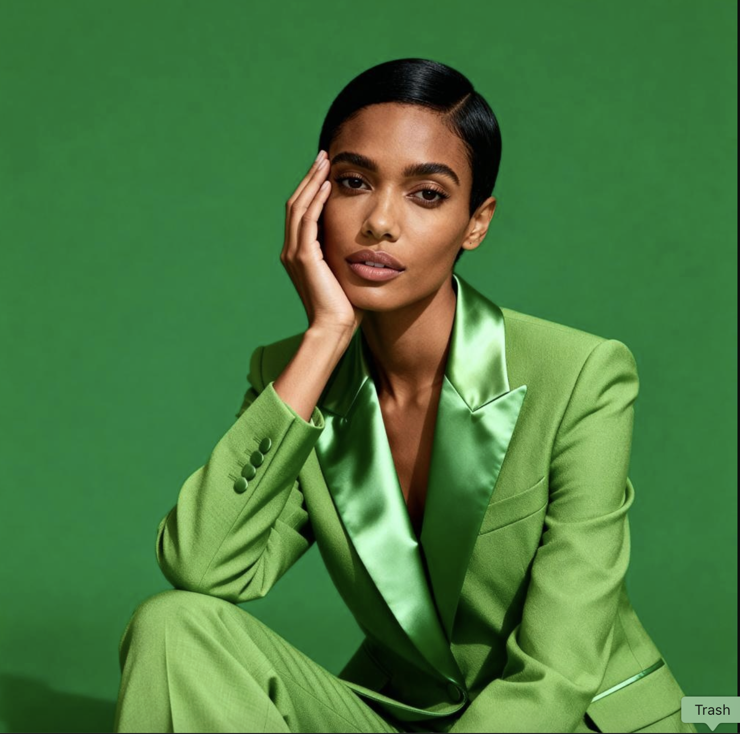 Composition reference for uncensored Image-to-Image face swap on ZenCreator — brunette woman in green suit on green background
