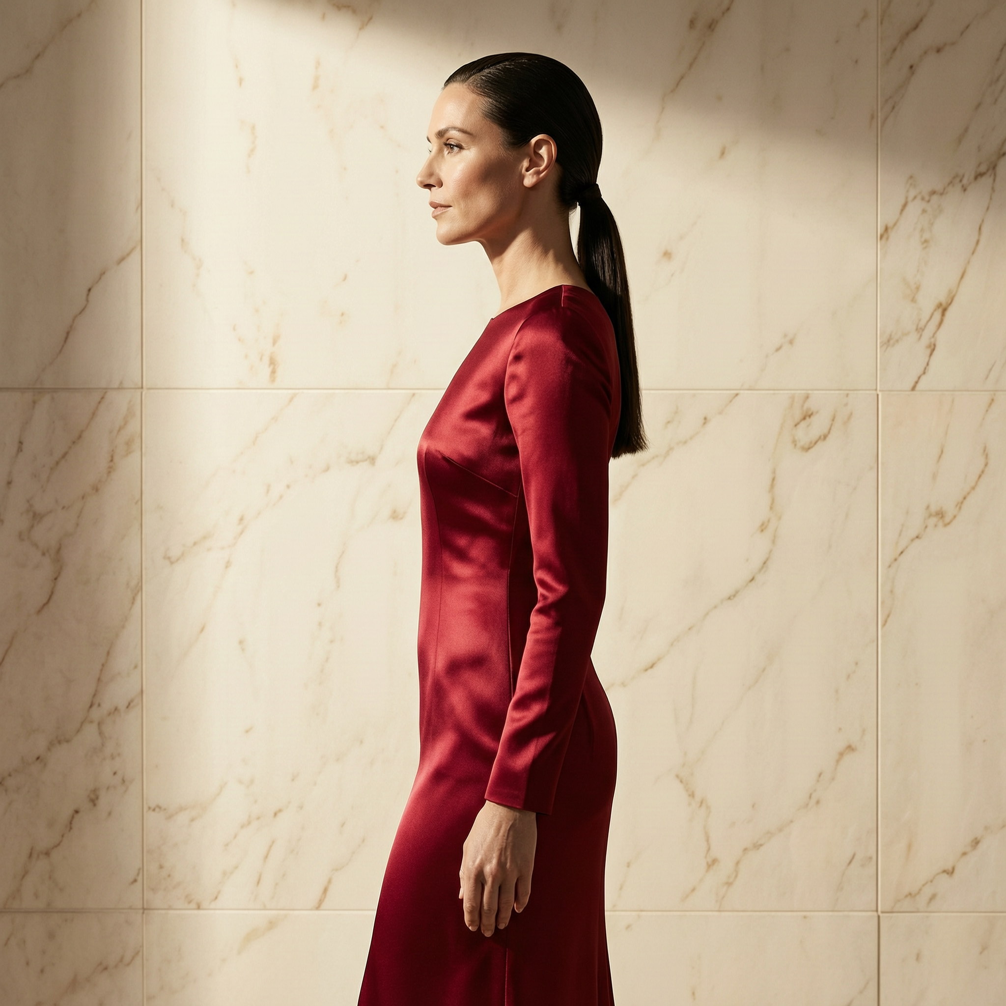 Source photo — woman in red satin gown against marble wall for WAN 2.7 Spicy