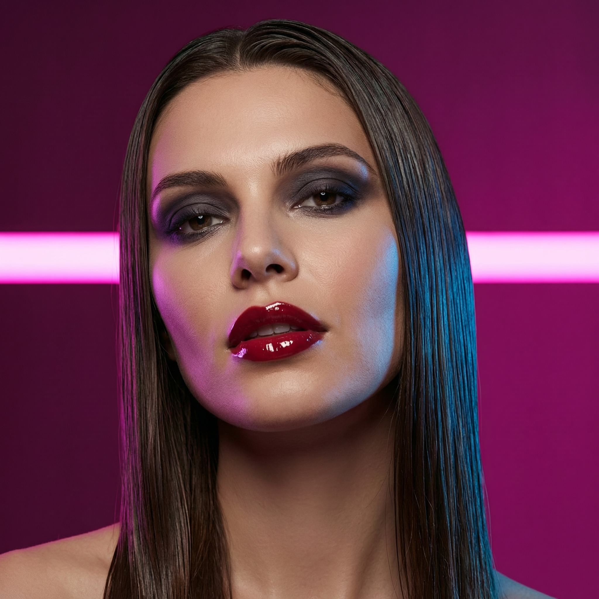 Source photo — close-up beauty portrait with smoky eye makeup and magenta neon lighting for WAN 2.7 Spicy