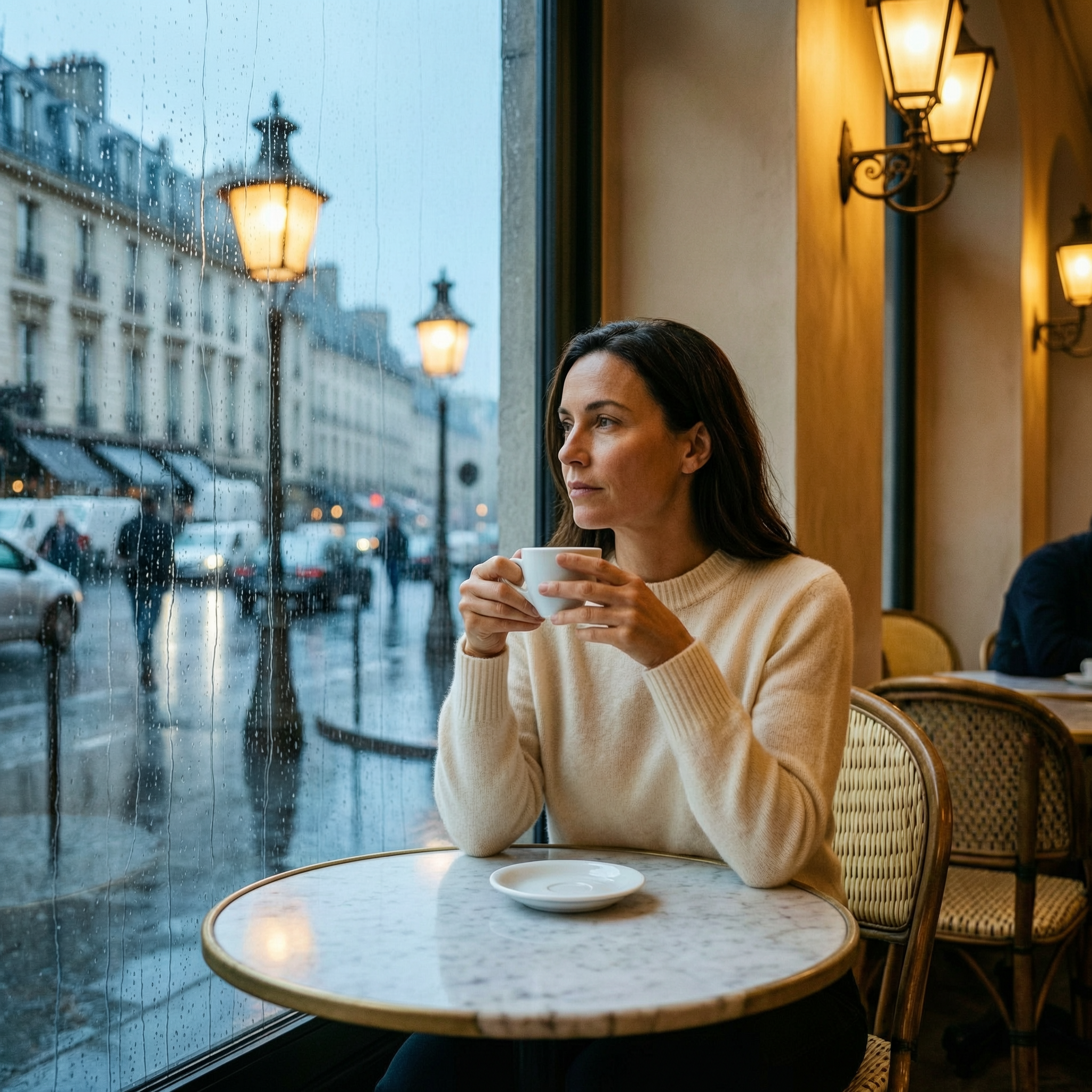 Source photo — woman at Paris cafe with rainy window for WAN 2.7 Spicy