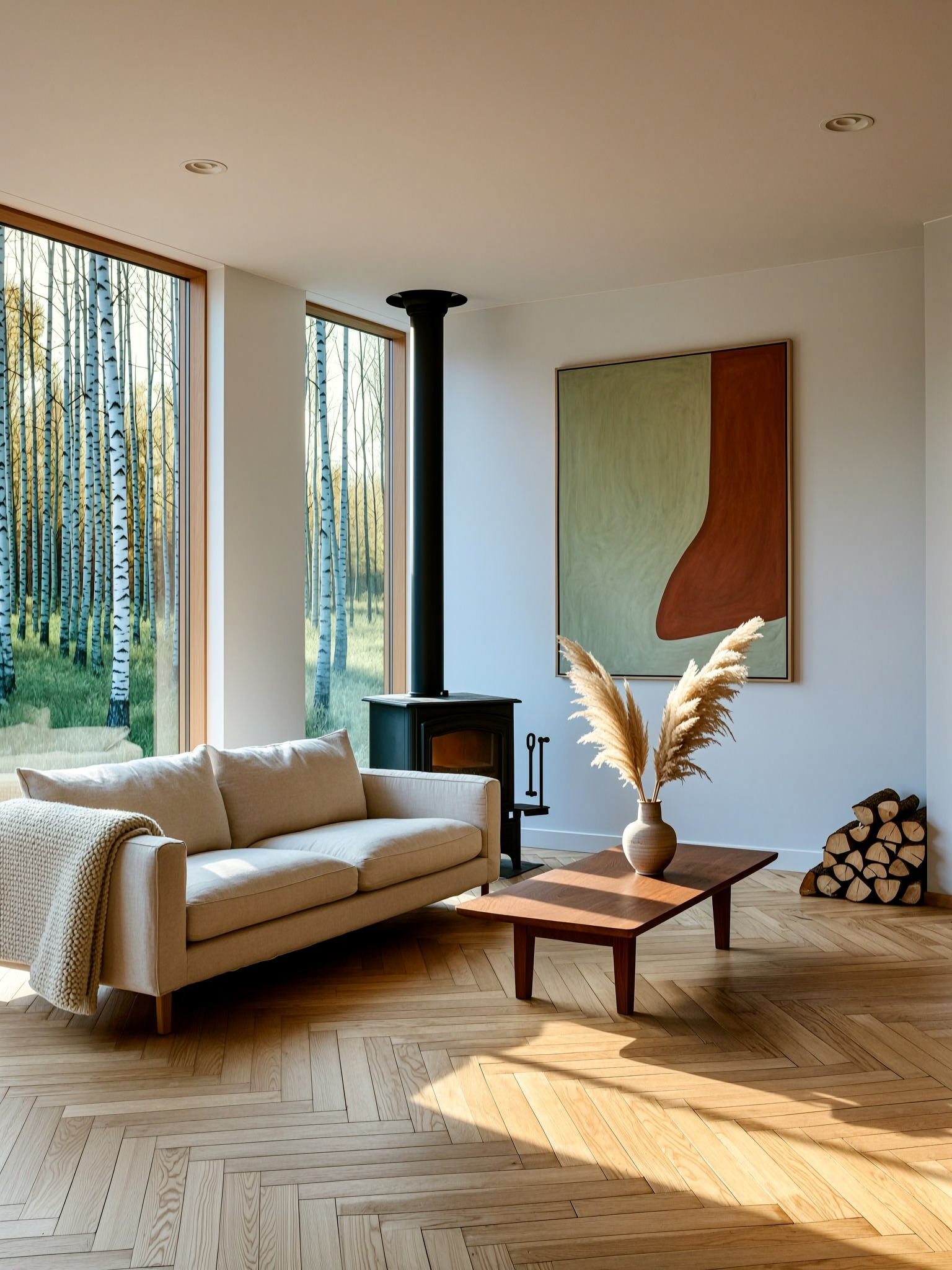 WAN 2.7 example — Scandinavian interior with birch view