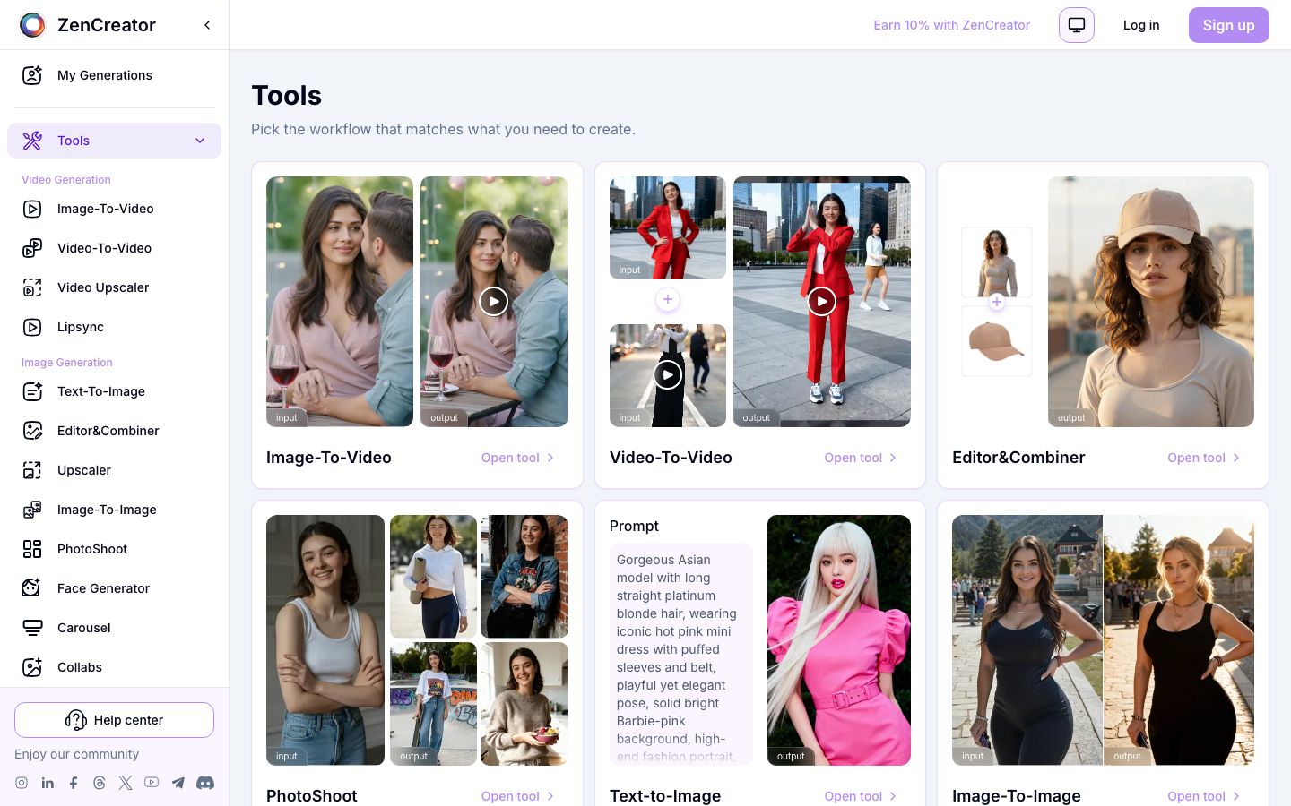 ZenCreator Tools page — 12 specialized AI tools