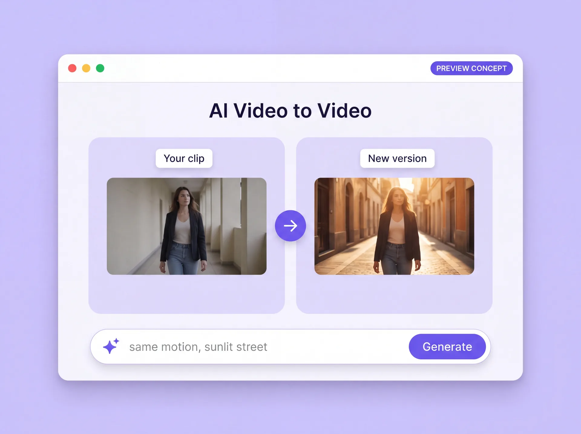 Concepto de vídeo a vídeo de ZenCreator: tu clip a la izquierda y la versión nueva a la derecha