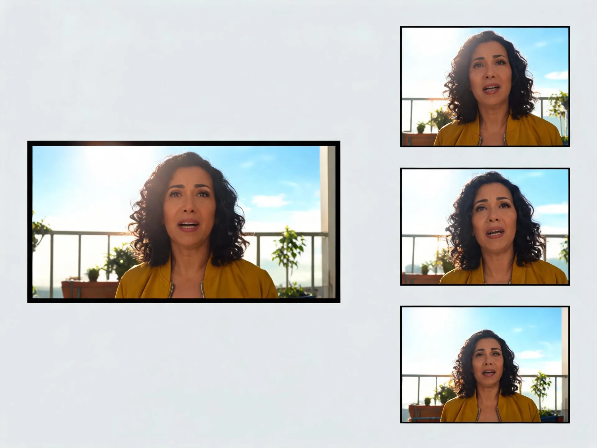 Un clip panorámico junto a tres recortes de distinta forma del mismo momento: un encuadre vertical, uno cuadrado y un banner